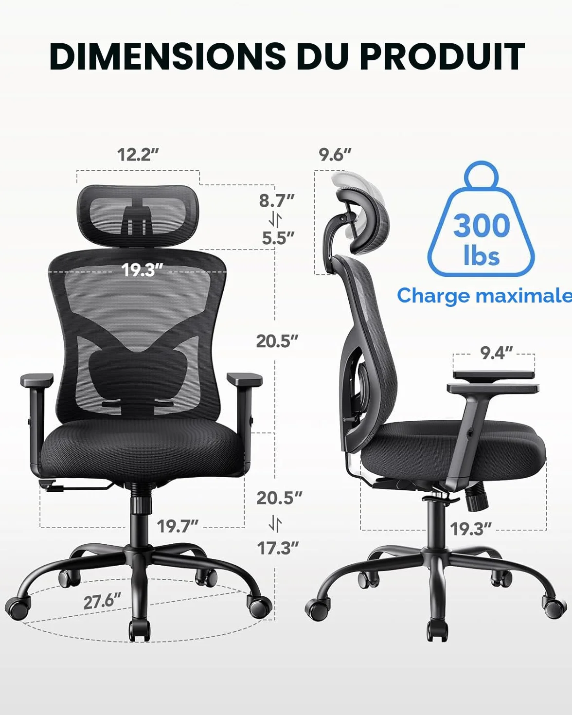 NOBLEWELL Chaise de Bureau Ergonomique Support Lombaire Appui-tête 2D Accoudoirs Réglables Coussin Amélioré Inclinaison Bascule 130° Ordinateur Bureau Domicile