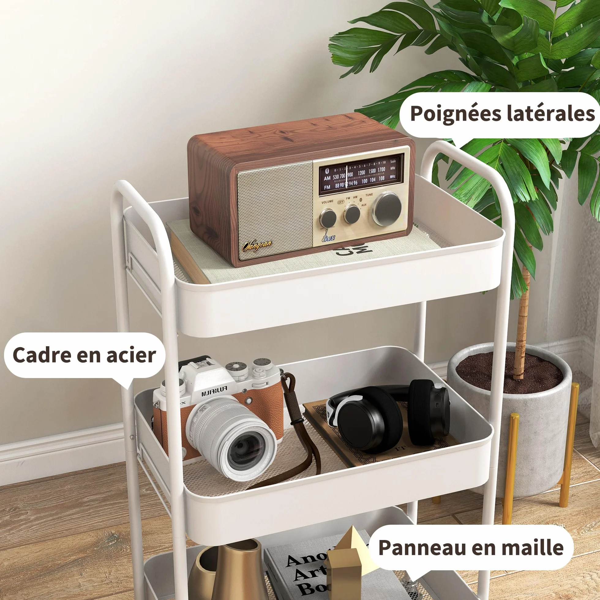 HOMCOM Chariot de Rangement en Acier 3 Niveaux Plateaux ajourés 45 x 30,6 x 79 cm Blanc