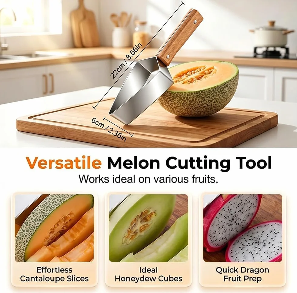 Coupe-Pastèque Triangle Acier Inoxydable Manche Bois Trancheur Melon Cuisine Camping