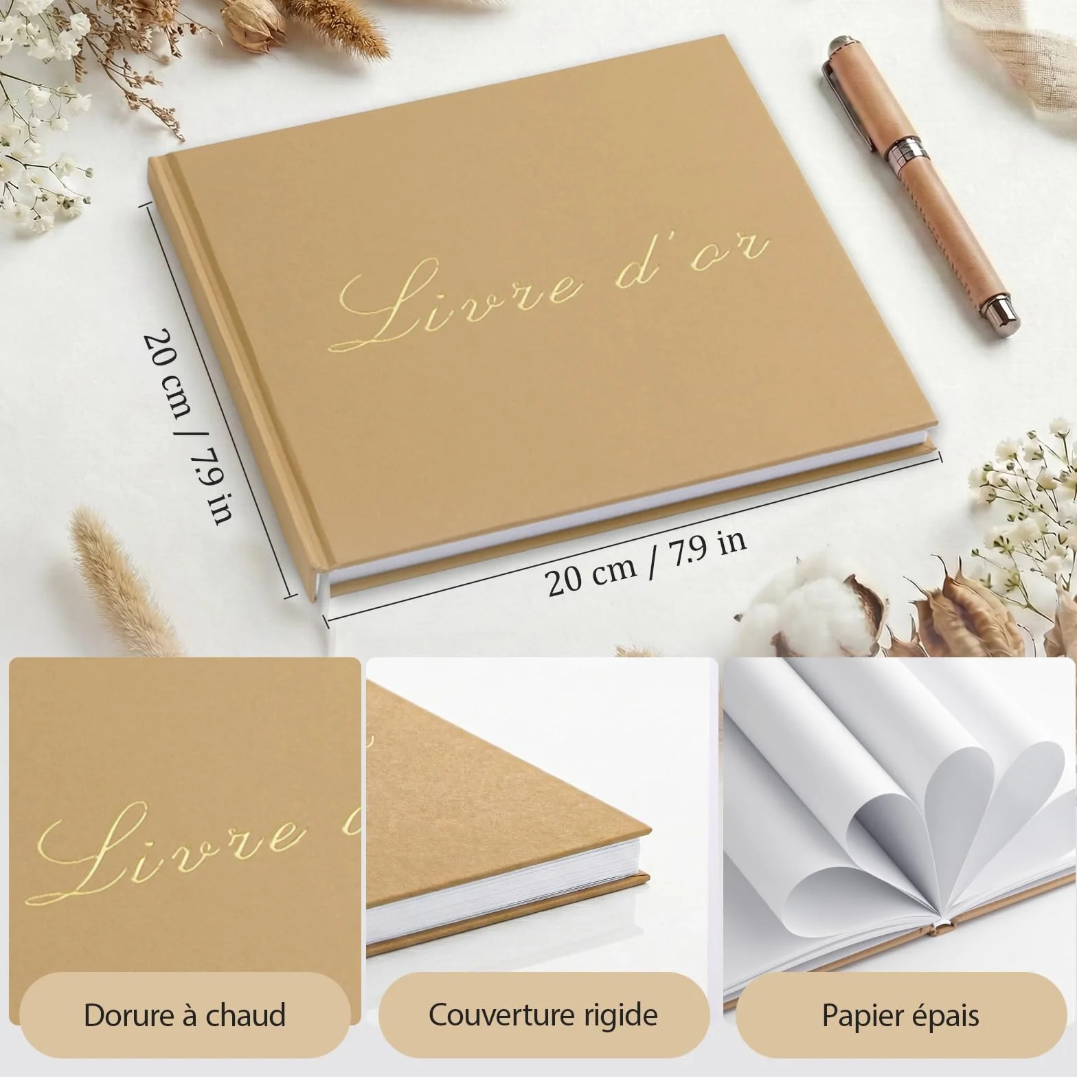 Livre d’or Kraft 20×20 cm Dorure Vintage Papier Épais Anti-Transfert Reliure Rigide Avec Chevalet et Cartes