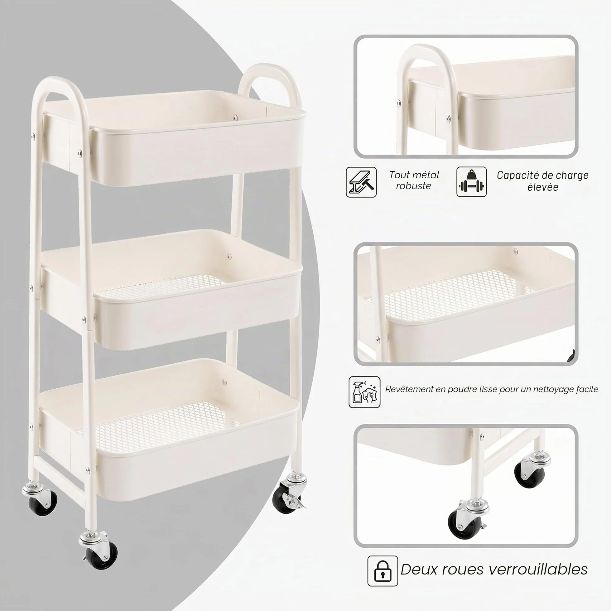 DOEWORKS Chariot de Rangement Métal 3 Niveaux à Roulettes Blanc