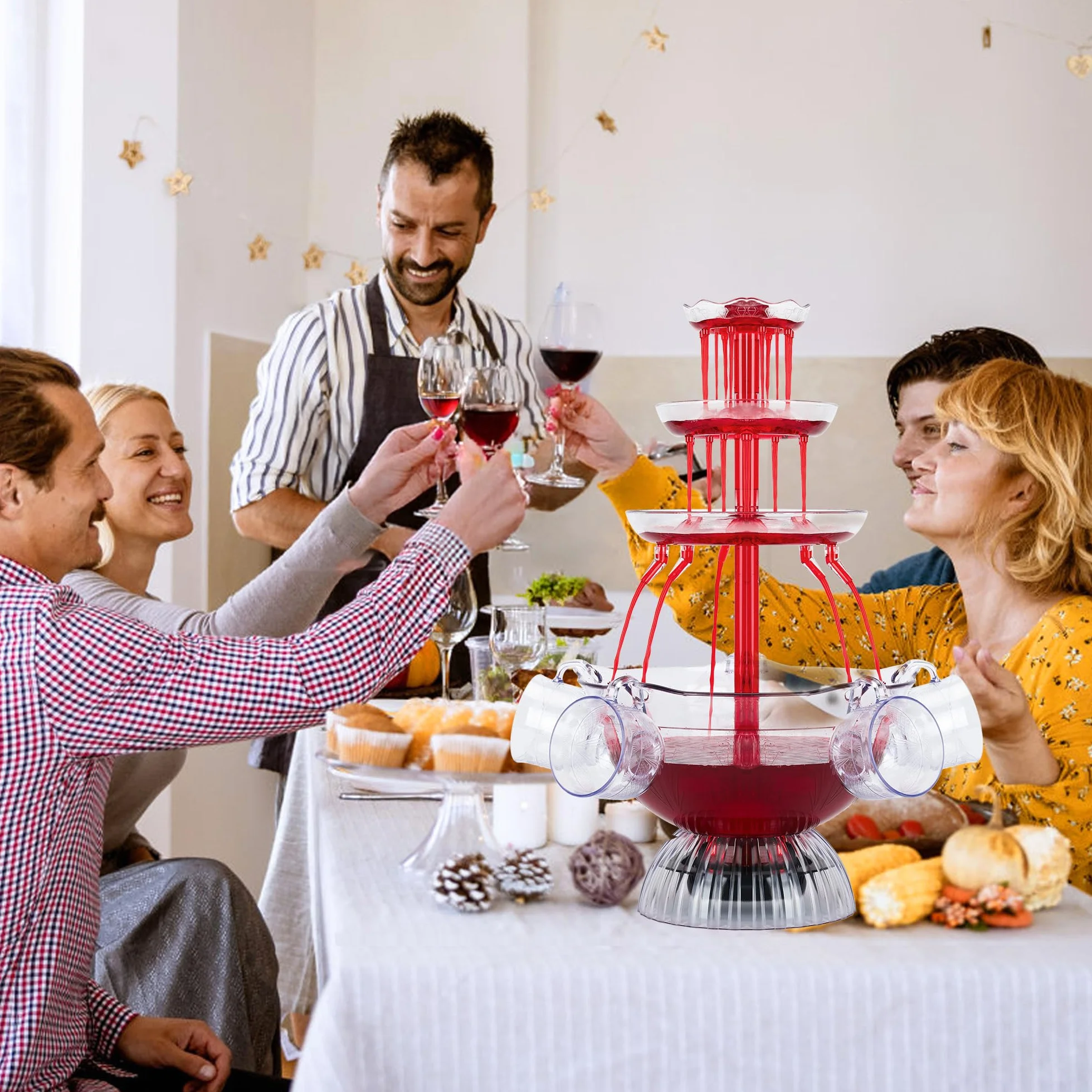 Fontaine à Vin Rouge 3 Niveaux Électrique avec 5 Tasses et Éclairage LED pour Fêtes