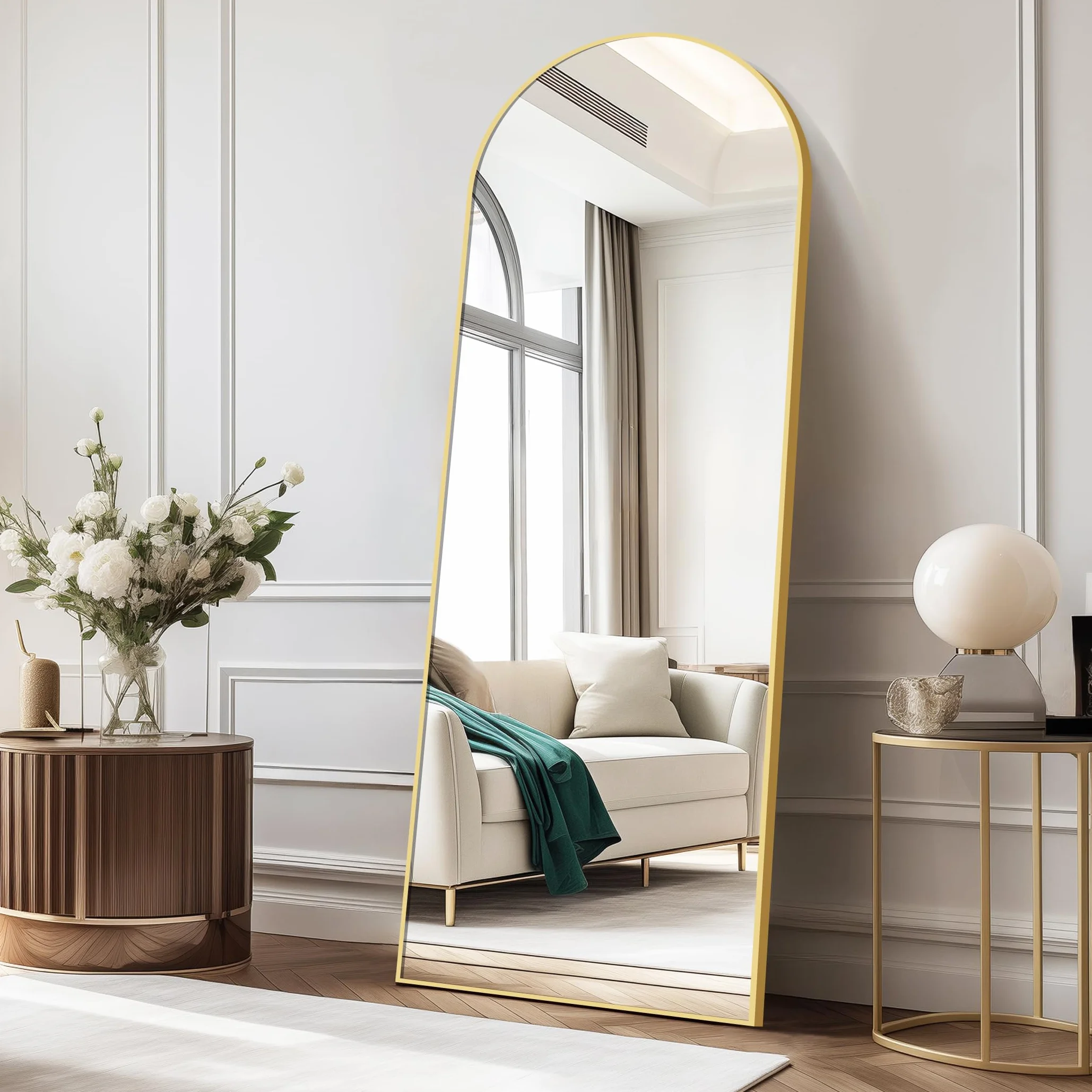 Miroir sur Pied Arqué 161 x 52 cm Cadre en Aluminium Miroir Mural Grand Miroir Penché Suspendu