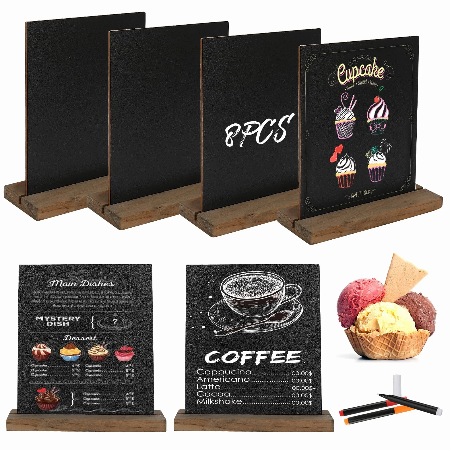 Lot de 8 Tableaux noirs en ardoise avec supports en bois, 3 stylos pour menu de fête et mariage