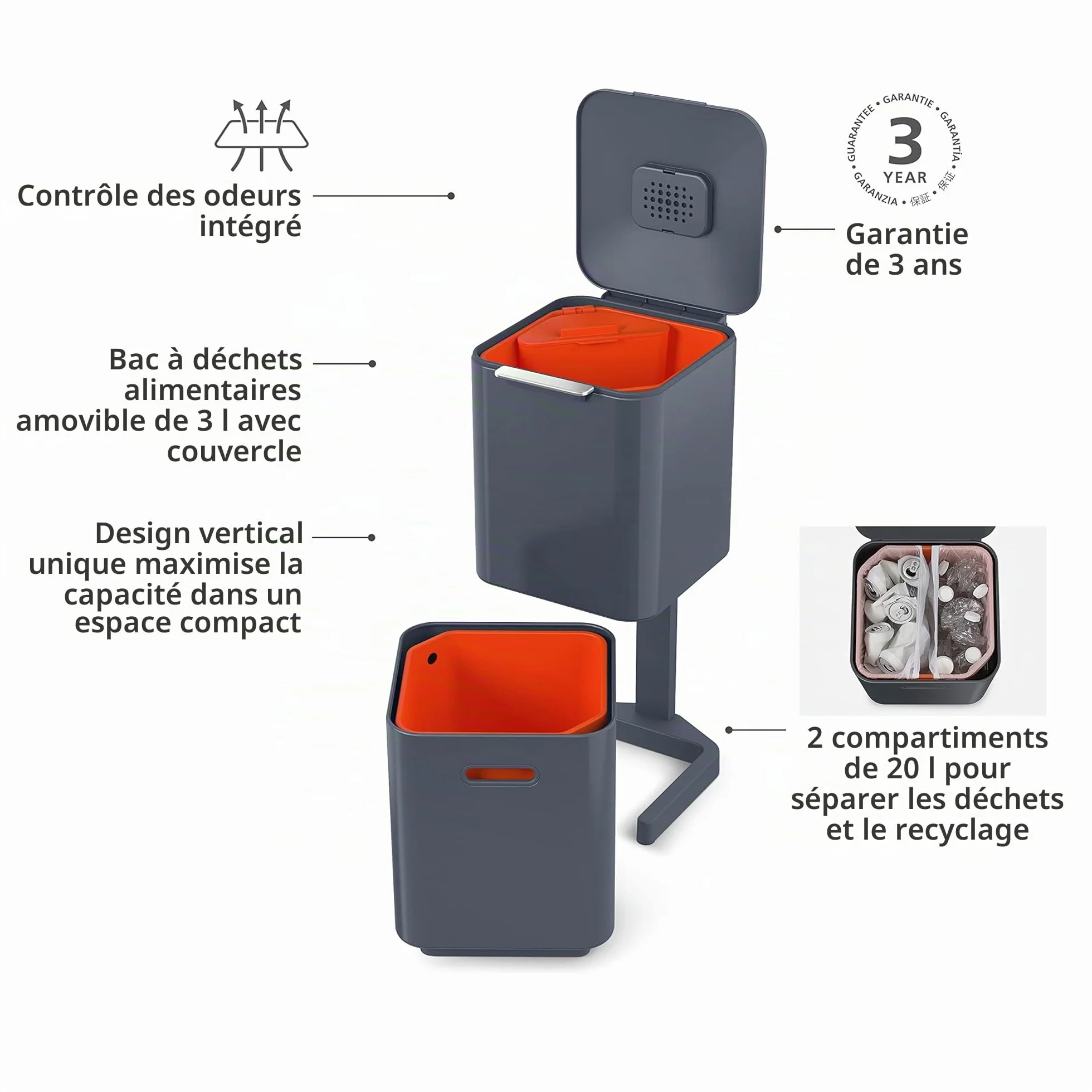 Joseph Joseph Totem Poubelle de cuisine 40L tri recyclage avec bac à compost filtre charbon actif Graphite