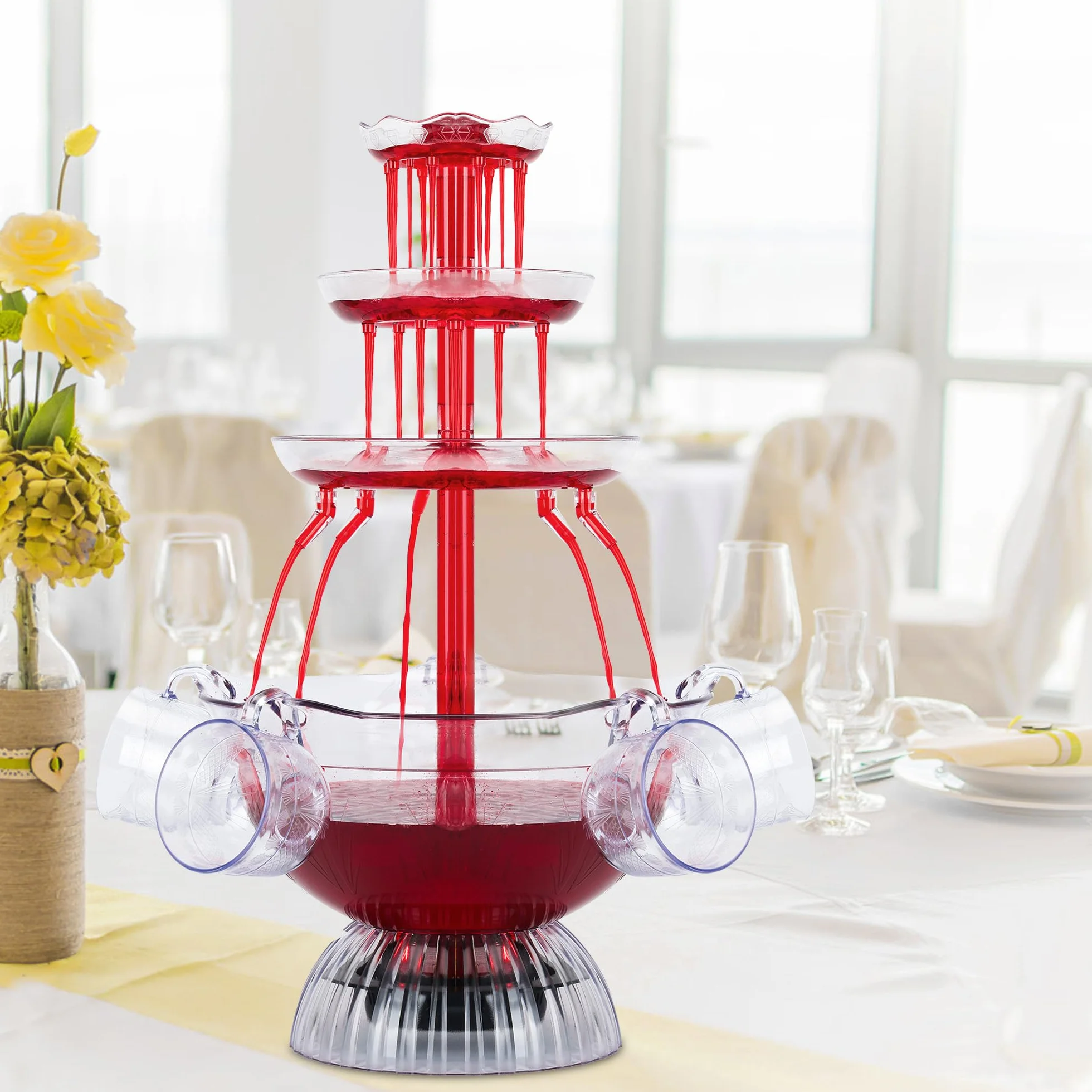 Fontaine à Vin Rouge 3 Niveaux Électrique avec 5 Tasses et Éclairage LED pour Fêtes