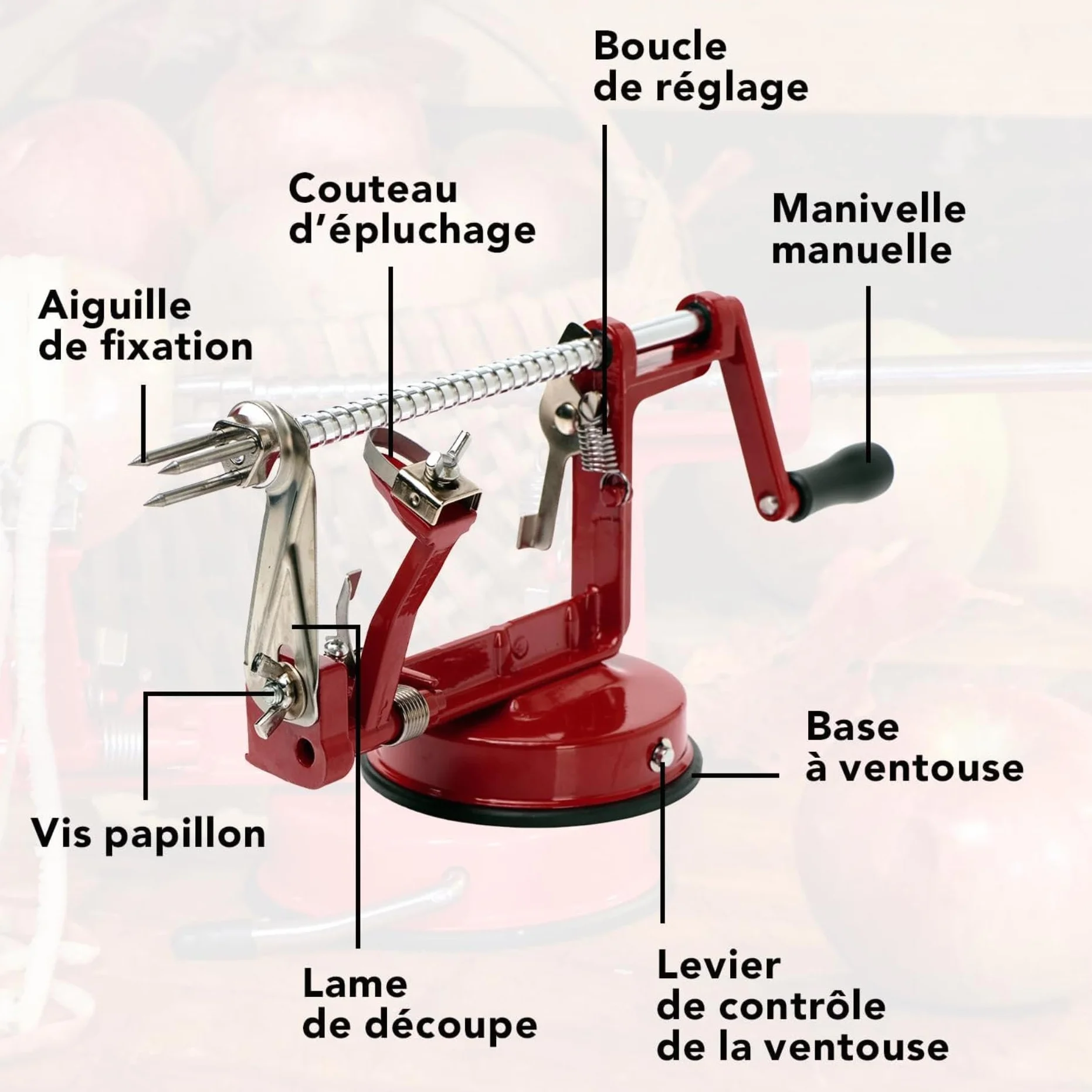 Éplucheur de pommes en métal Baumalu Rouge-Vin 25,5 x 15 x 11 cm avec ventouse