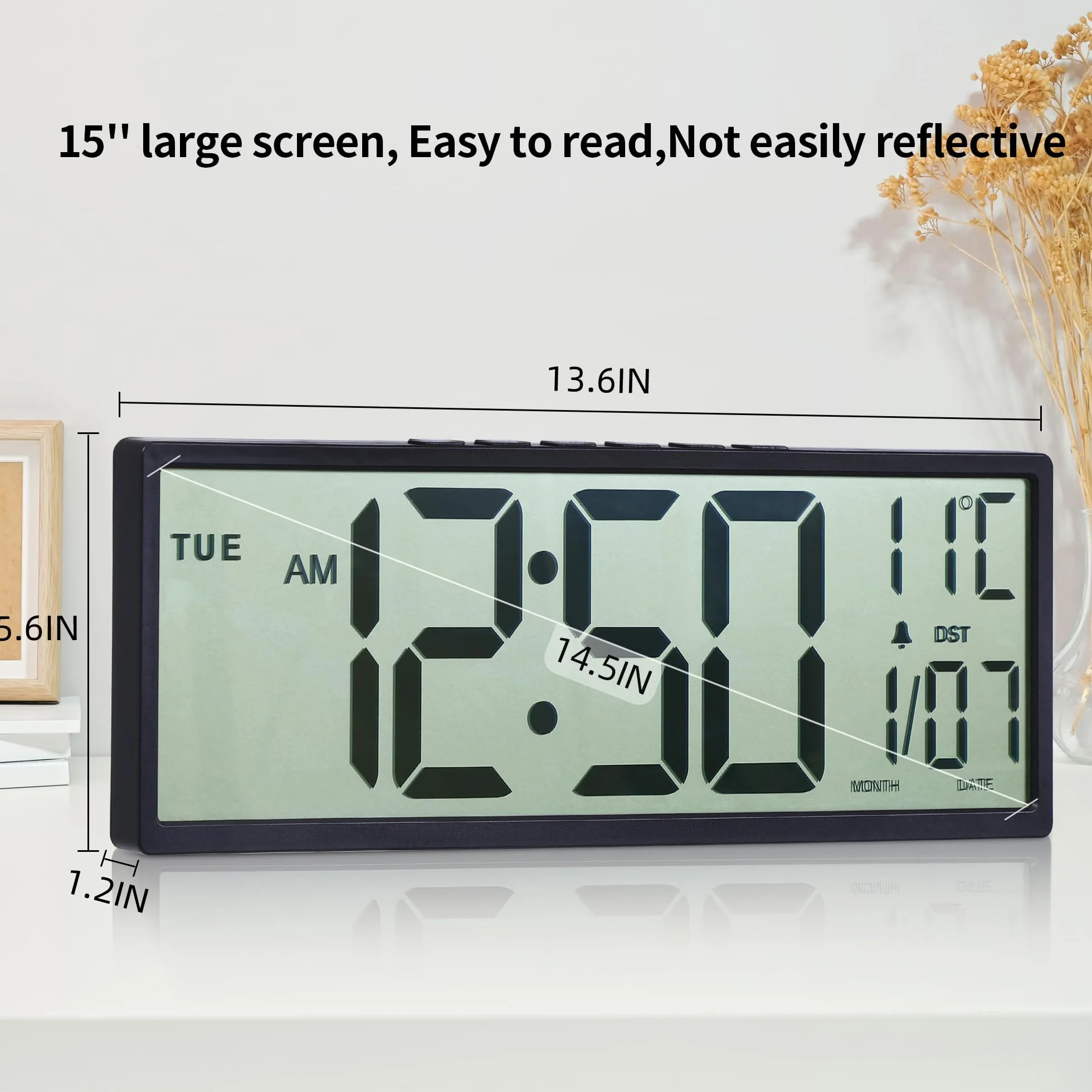 Maxstar Grande Horloge Murale Numérique 15" Grand Écran LCD Chiffres Géants Piles Auto DST Température Date