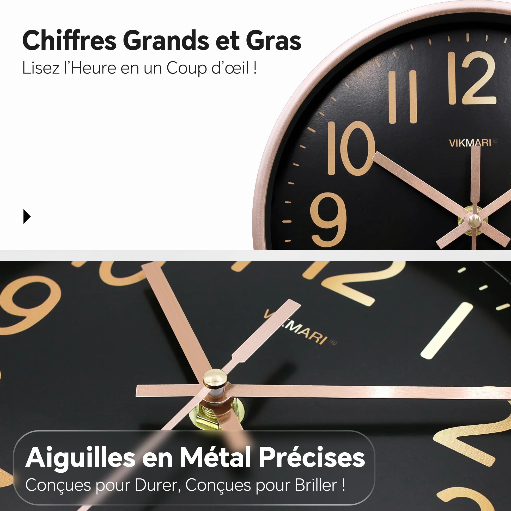 VIKMARI Horloge Murale 30 cm Silencieuse Noir et Doré - Pendule Murale Quartz pour Salon Bureau
