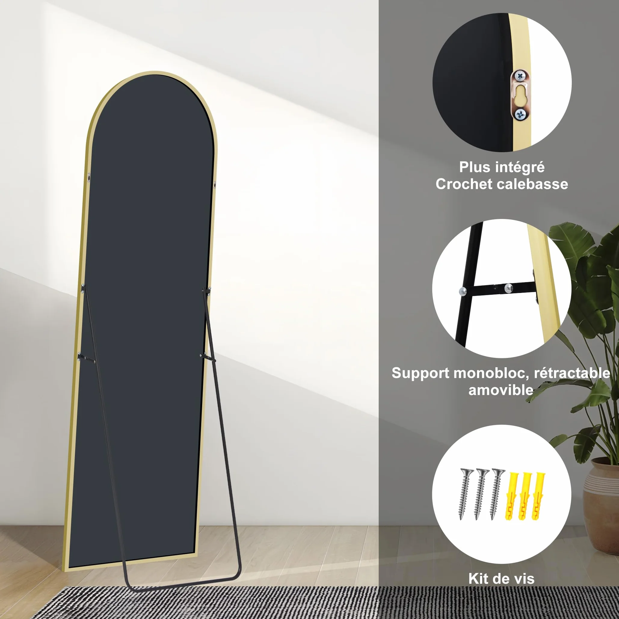 Miroir Arqué Pleine Longueur 150 x 40 cm, Pied Penché ou Suspendu, Cadre Métal Doré, Anti-déflagrante, Pour Salon Chambre