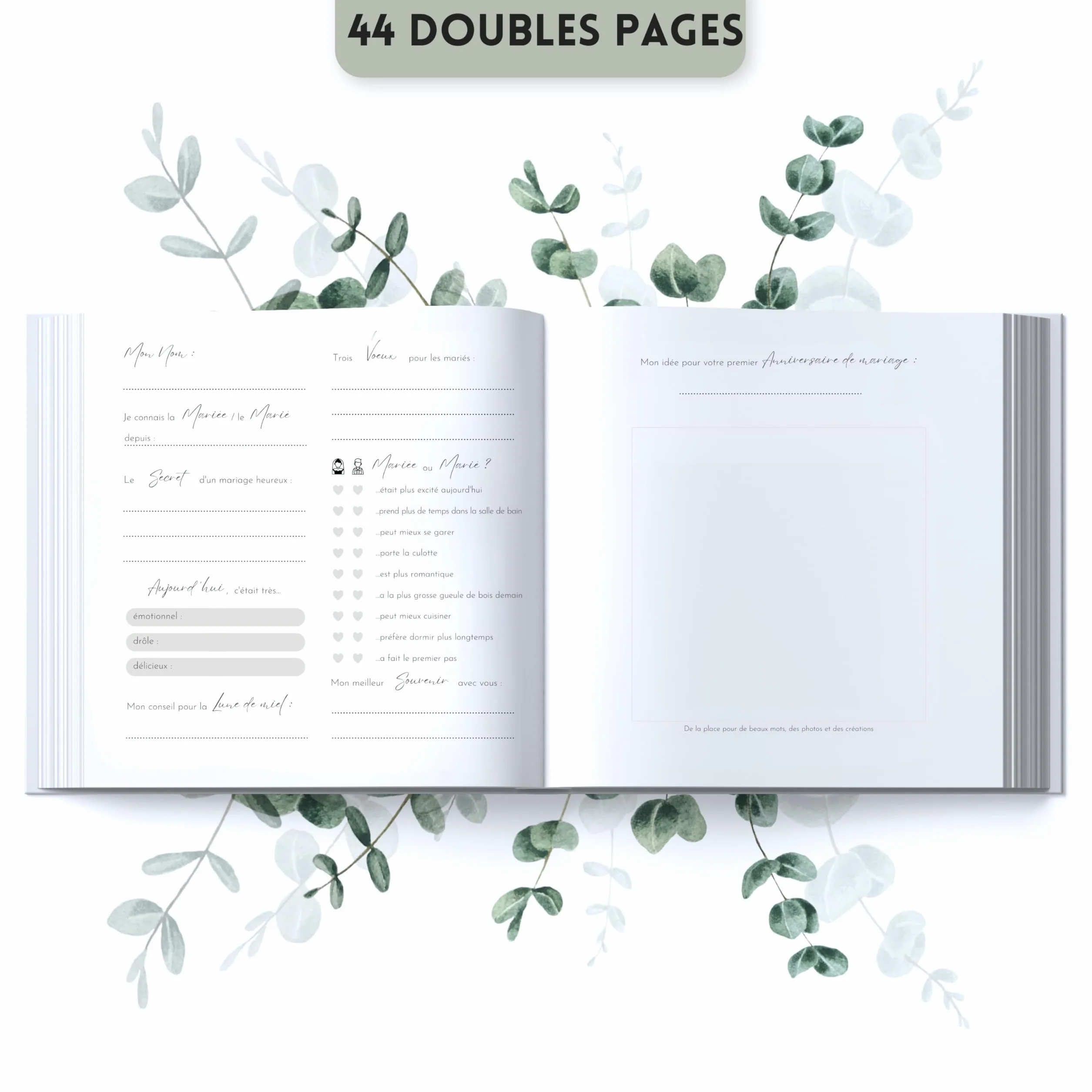 Livre d'or Mariage Haute qualité Questions à remplir 44 Pages Doubles