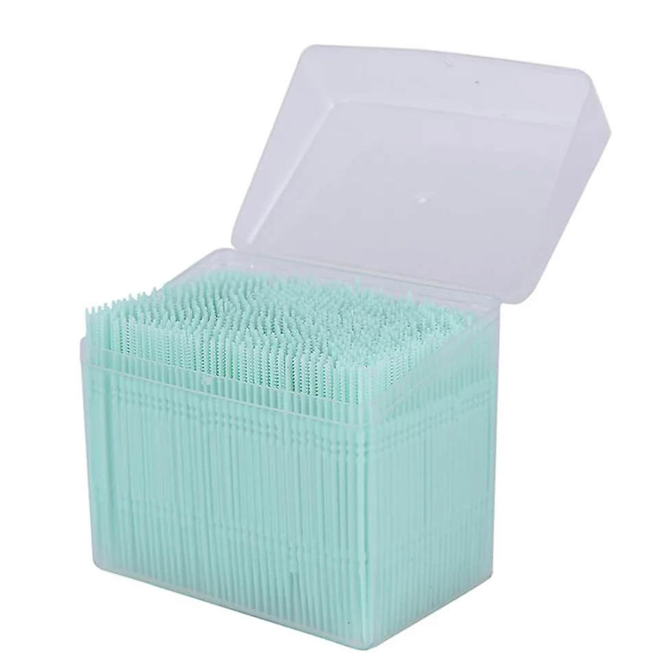 Lot de 1100 cure-dents jetables en plastique avec étui transparent - Brosse interdentaire souple double tête vert
