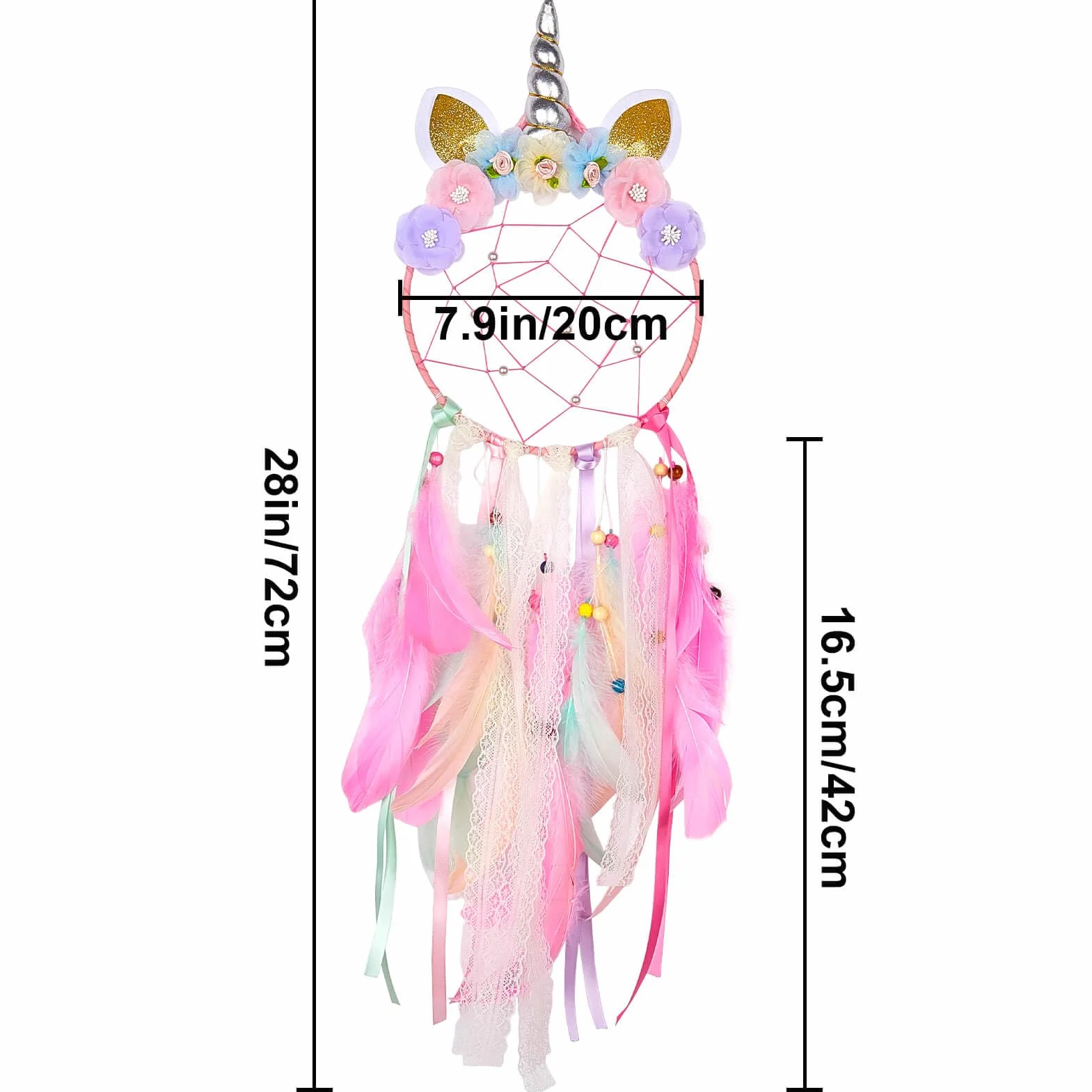 Grand attrape-rêves licorne pour filles - Décoration murale fleurs colorées fait main