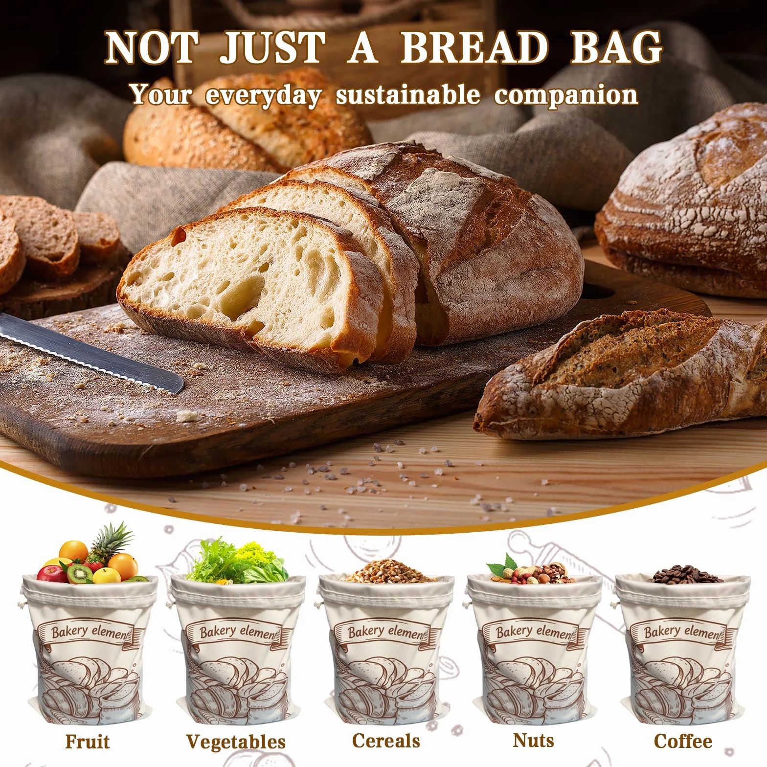 Sac a Pain Cire Abeille en Lin 45x35 cm Doublée TPU Cordon de Serrage Conservation prolongée Lavable résistant