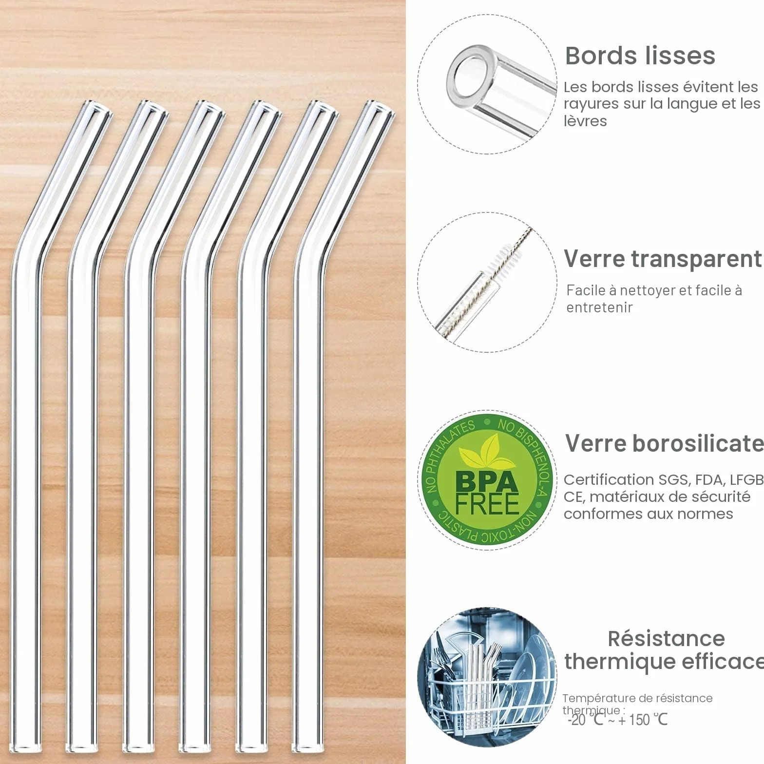 Pailles en Verre Réutilisables 20cm Transparente Courbée avec Brosses de Nettoyage