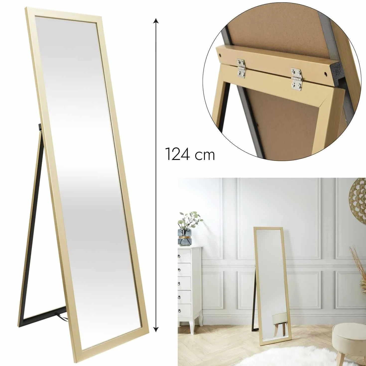 Miroir sur Pied Doré 124 cm, Design Raffiné pour Salon, Chambre ou Bureau