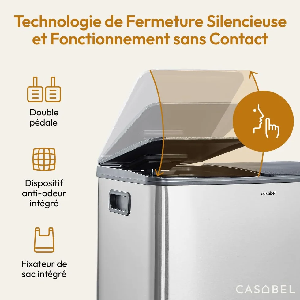 CASABEL Poubelle Cuisine Tri Sélectif 60L Acier INOX Brossé Double Compartiments