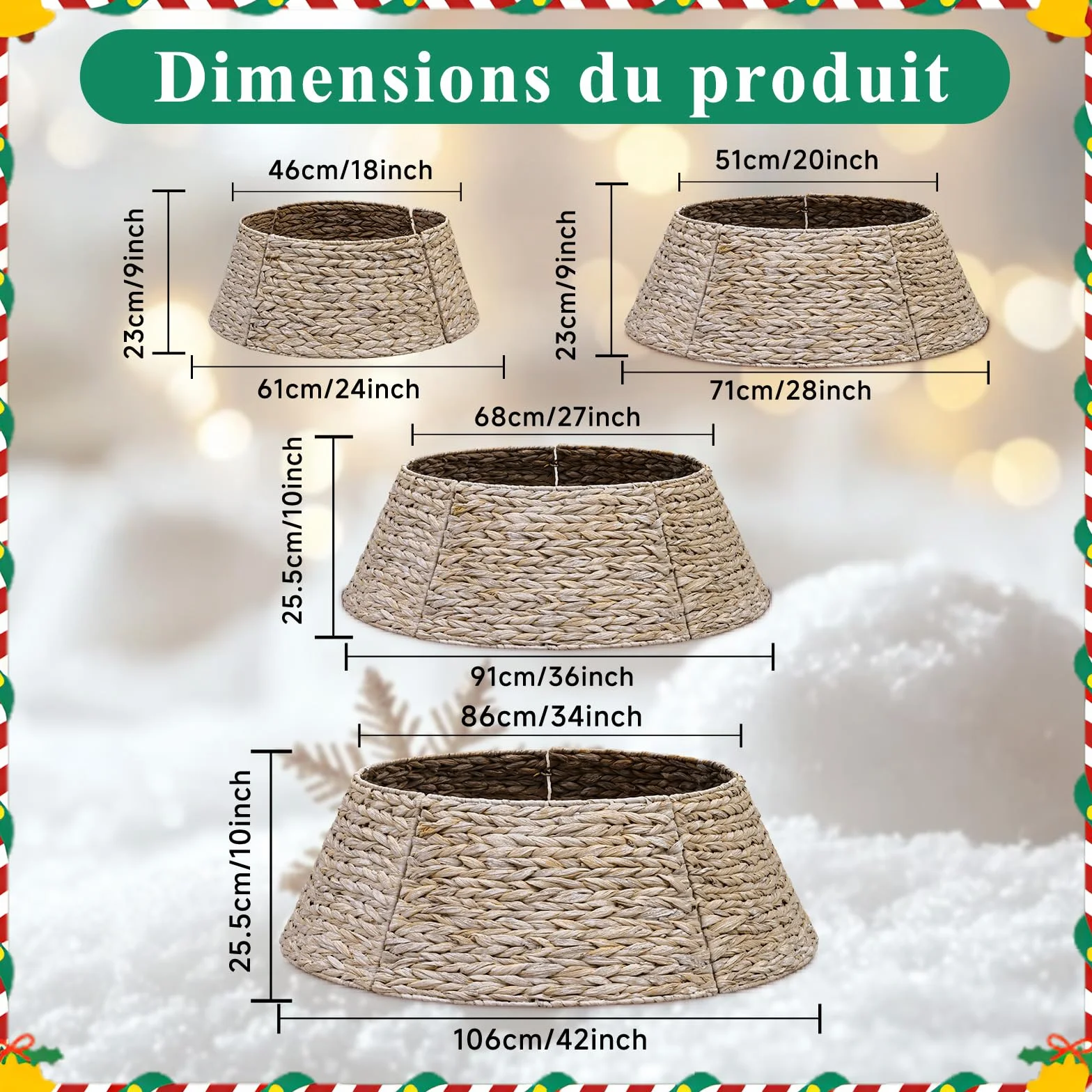 Rotin Collier Sapin Noël 61 cm, Housse Décorative Cache Base Pied Jupe Vannerie Christmas Tree Collar Blanc