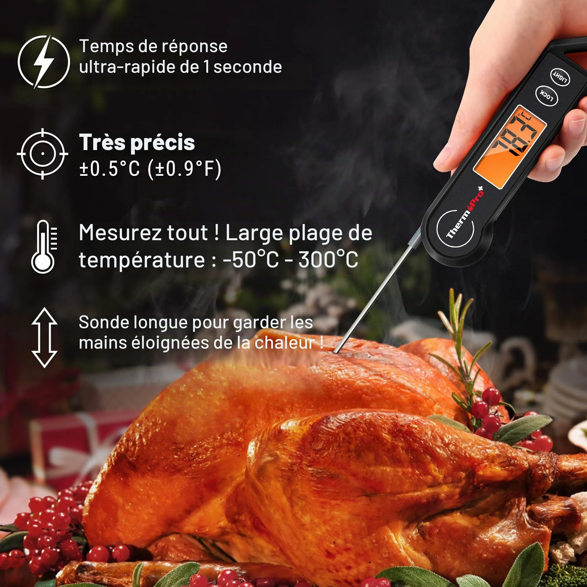 ThermoPro TP19HB Thermomètre Cuisine Numérique avec Sonde Température Alimentaire - étanche Rétroéclairé pour Barbecue