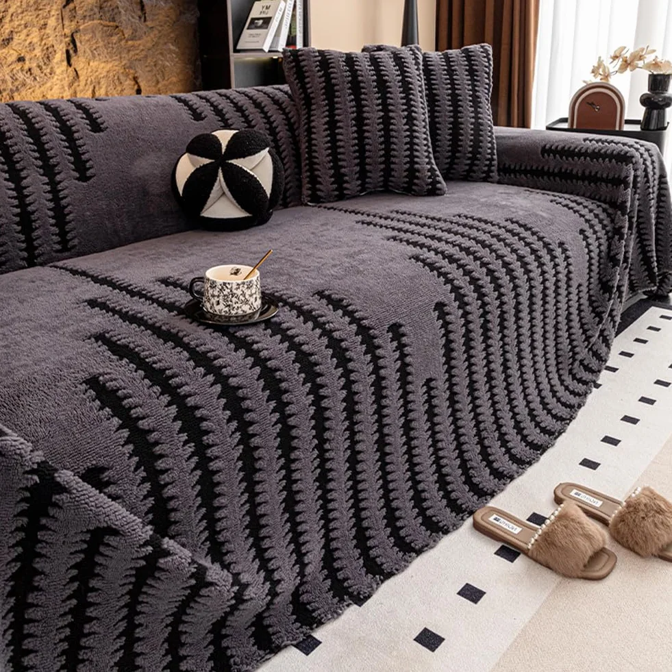 Housse de canapé en peluche antidérapante extensible protection griffe chat anti poils animaux pour canapé d'angle 3 places Gris Clair 180x200 cm