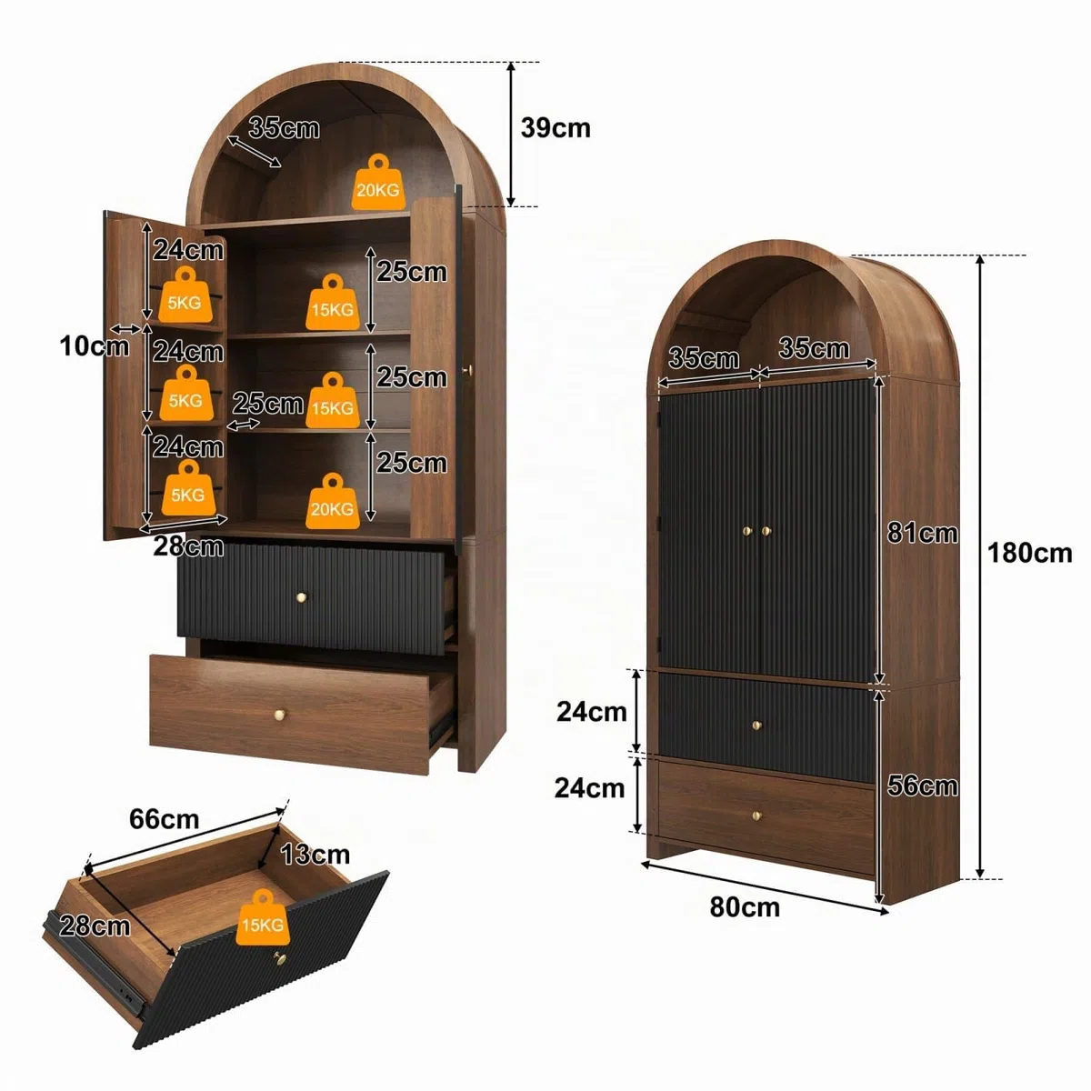 KOMHTOM Armoire de Rangement Haute, Armoire en Bois, Meuble de Rangement, Conception avec Dessus Incurvé, 3 Tiroirs, 2 Portes, pour Cuisine et Salon (Noir+Naturel)