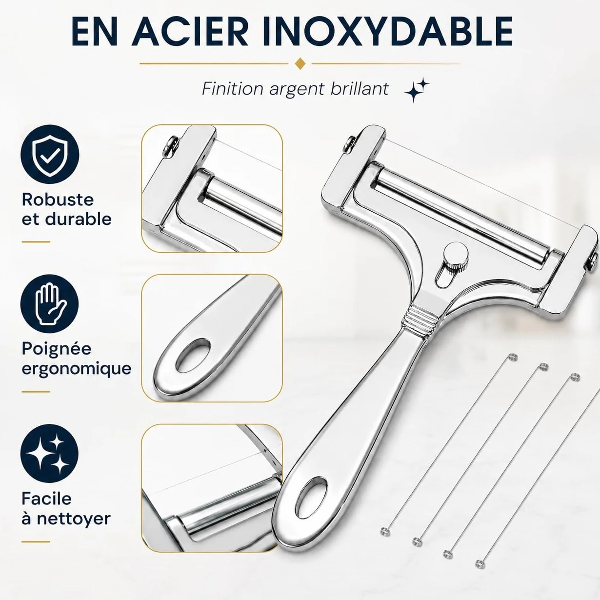 Trancheur à fromage manuel inox 4 fils de rechange réglable coupe-beurre portable argent brillant