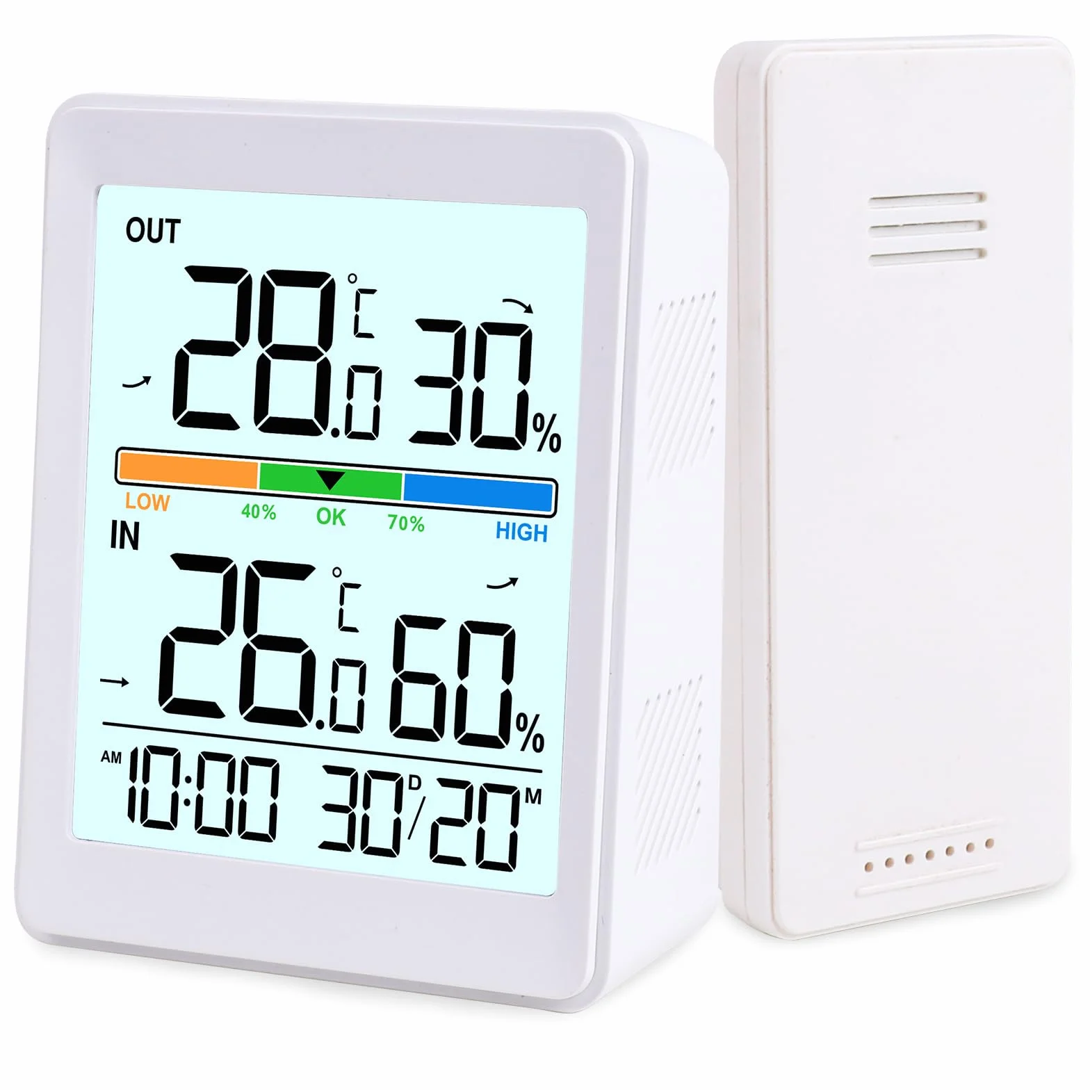 Thermomètre Intérieur Extérieur Sans Fil avec Humidité, Horloge, Date, Rétroéclairage Intelligent, °C/°F Commutable