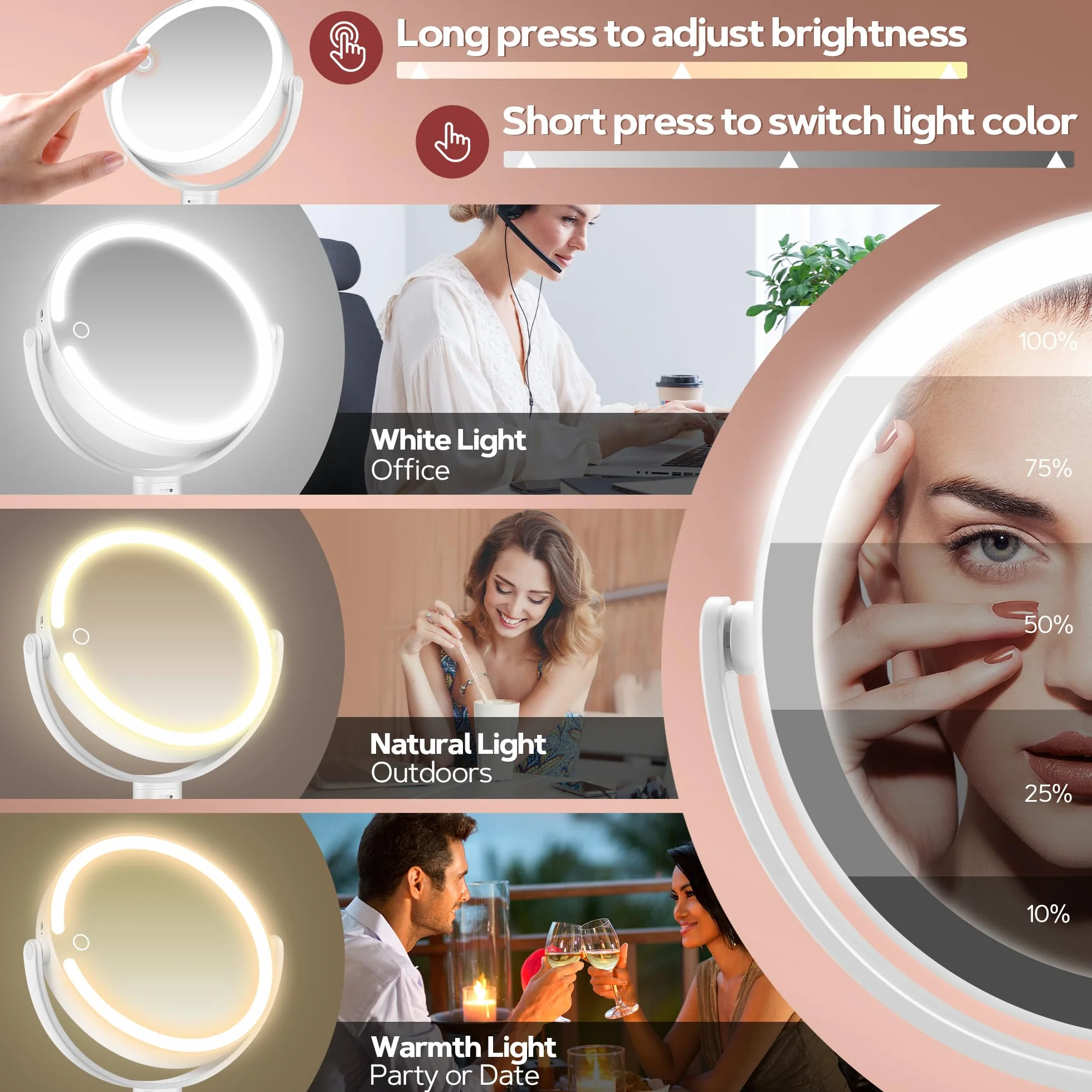 B Beauty Planet Miroir de Maquillage Éclairé 30X LED 3 Couleurs Intensité Variable Réglable en Hauteur Miroir Cosmétique 2 Côtés Blanc