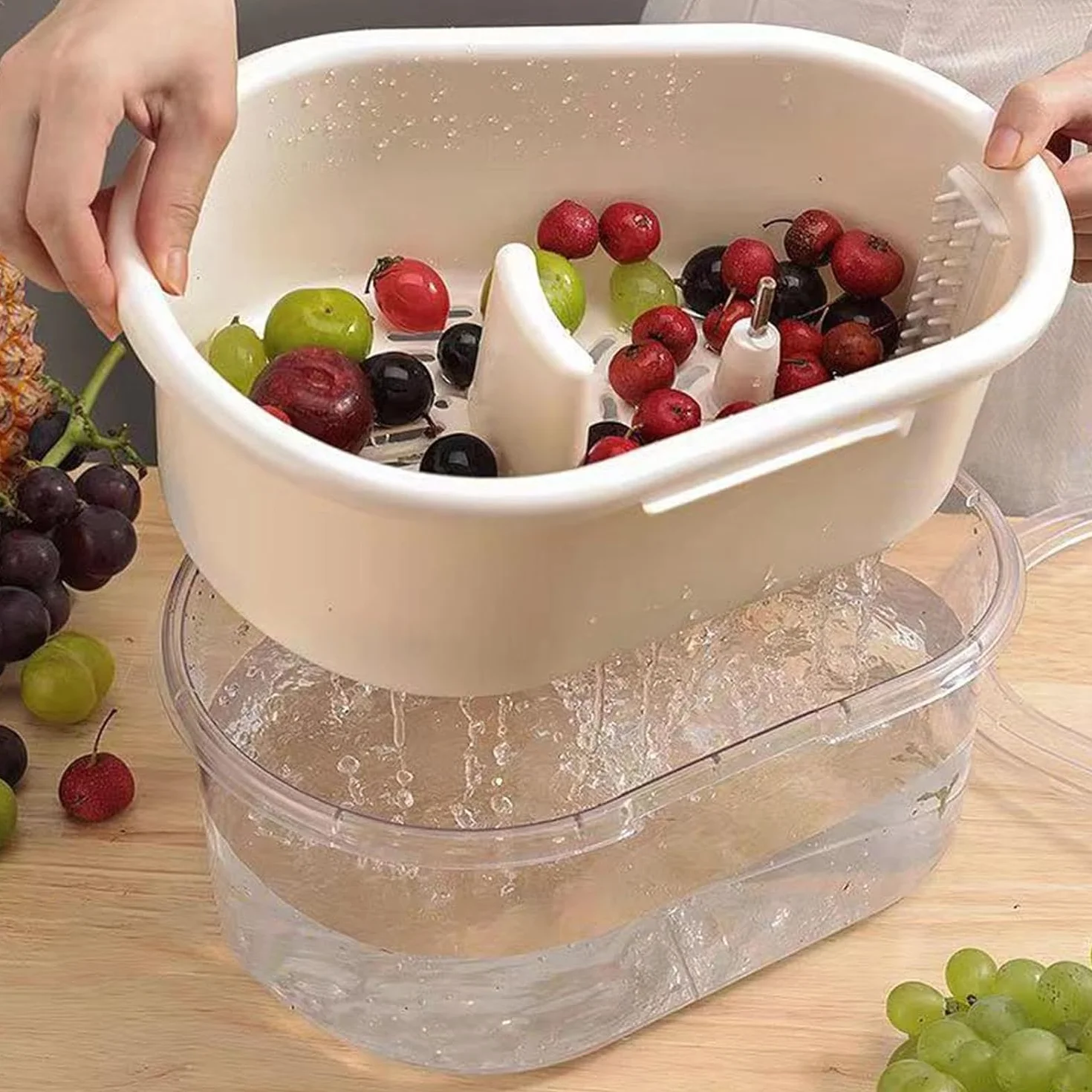 Écumoire à fruits portable avec couvercle lave-fruits légumes brosse cuisine Blanc