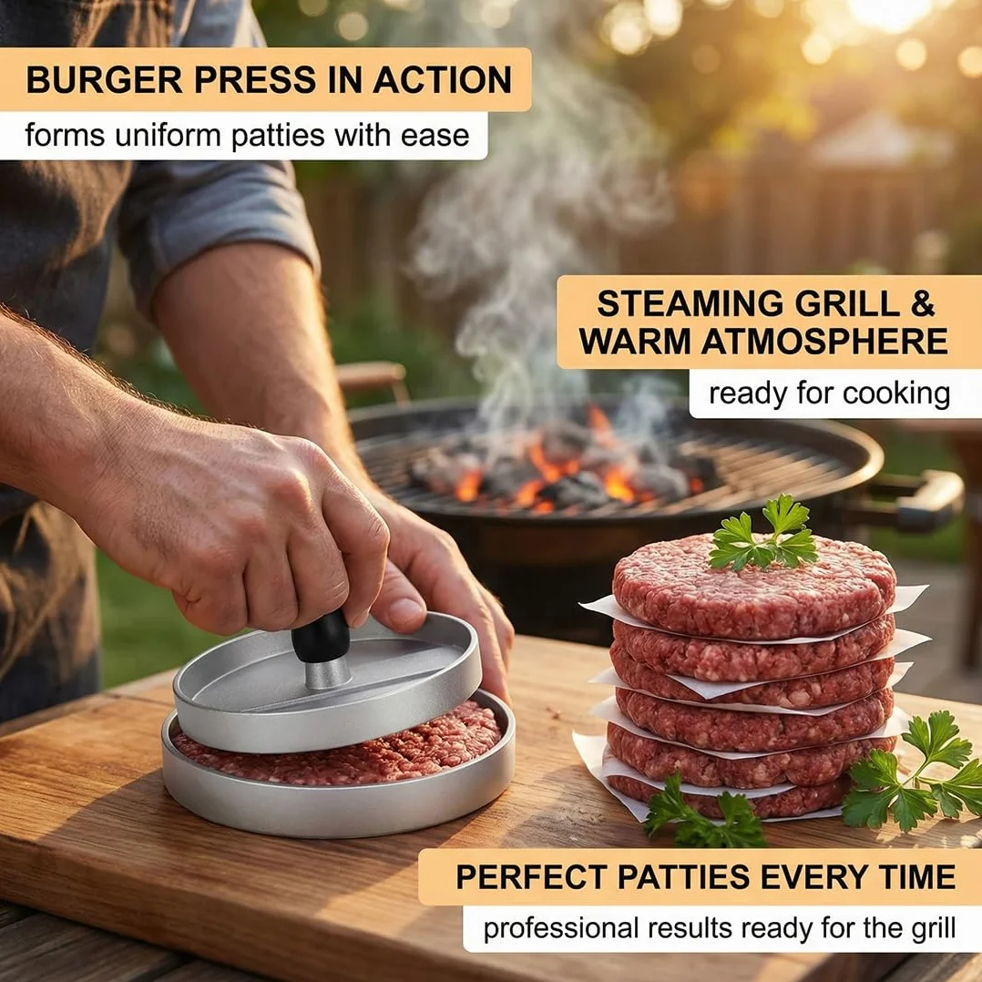 Presse Burger en Fonte d'aluminium, Presse Steak Haché, Moule à Hamburger pour Hamburgers, Galettes, BBQ