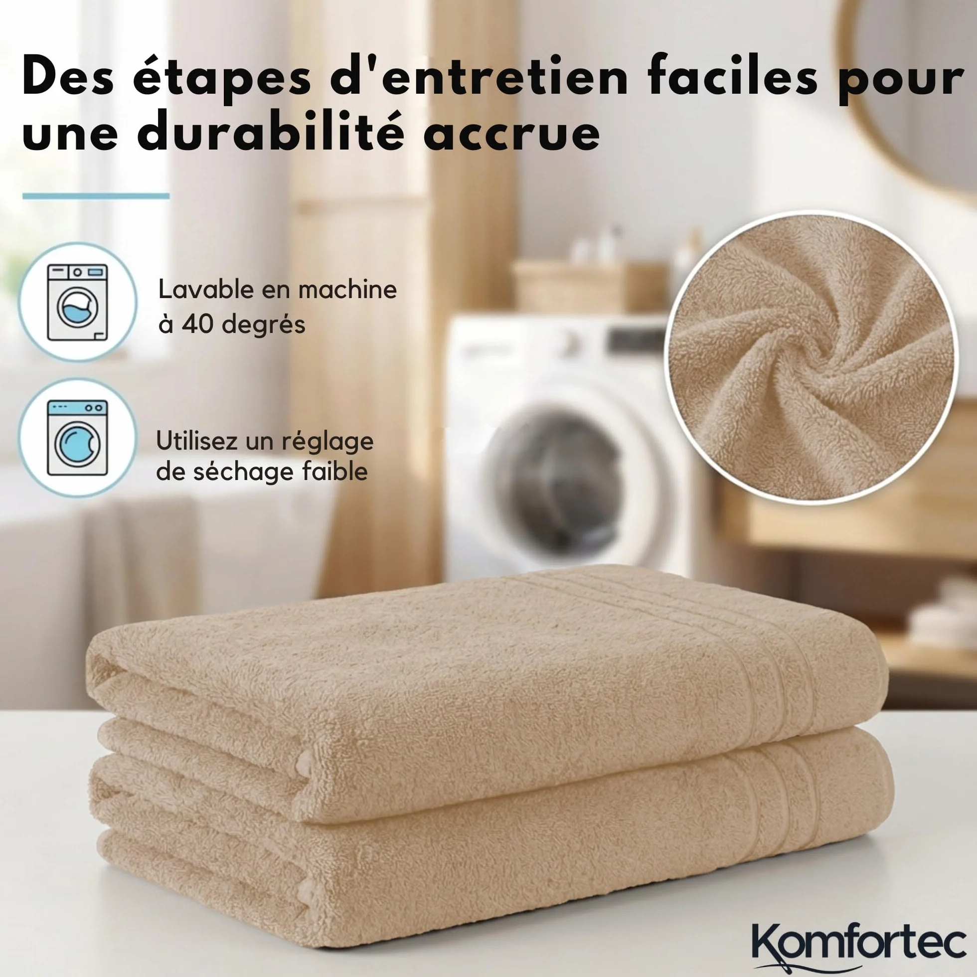 Komfortec Lot de 2 Serviettes de Sauna 80 x 200 cm 100% Coton XXL Beige
