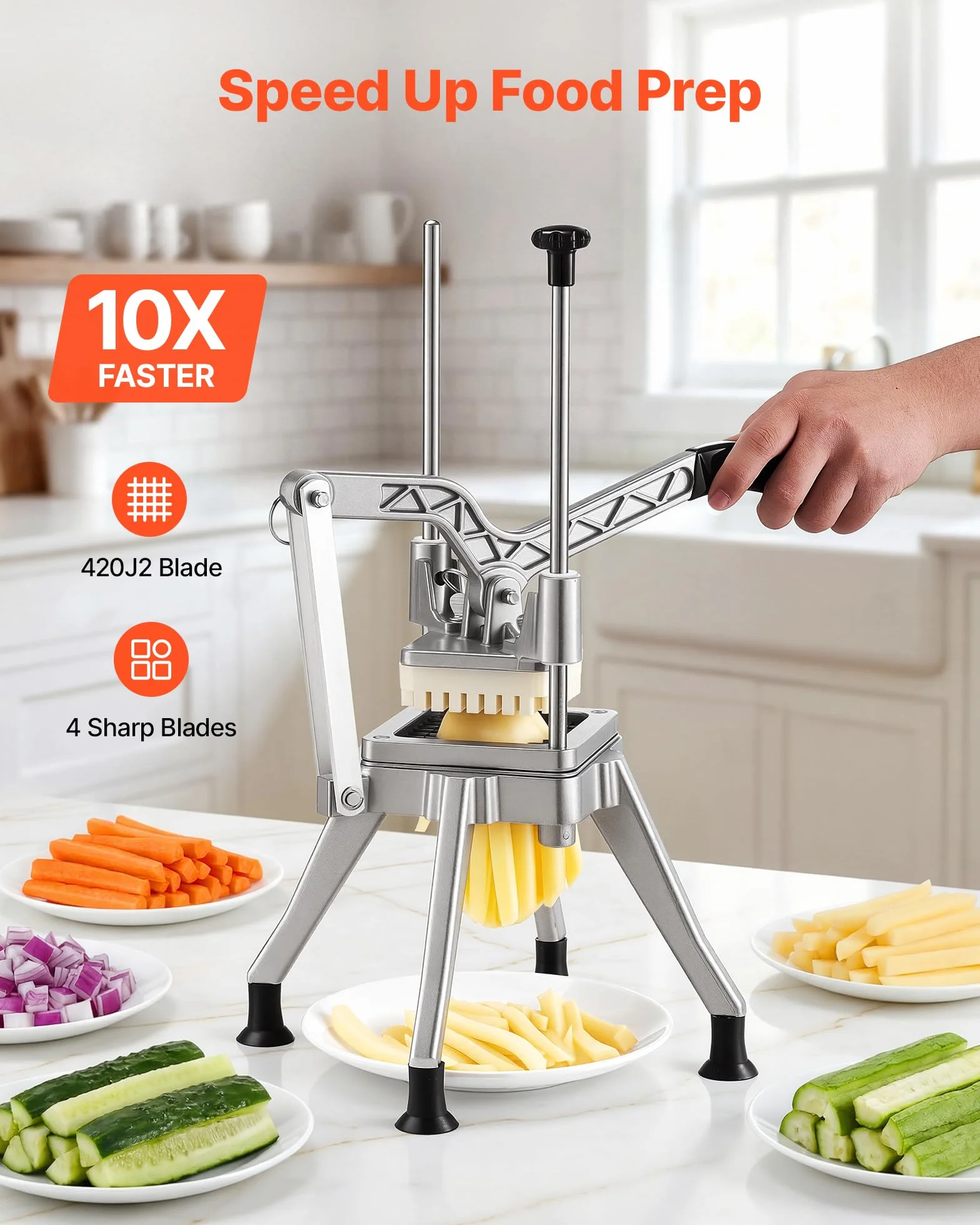 VEVOR Coupe Frites Manuel Professionnel, 4 Couteaux de Rechange 13 mm / 9 mm / 6 mm, Vide-pomme 6 Quartiers en Inox