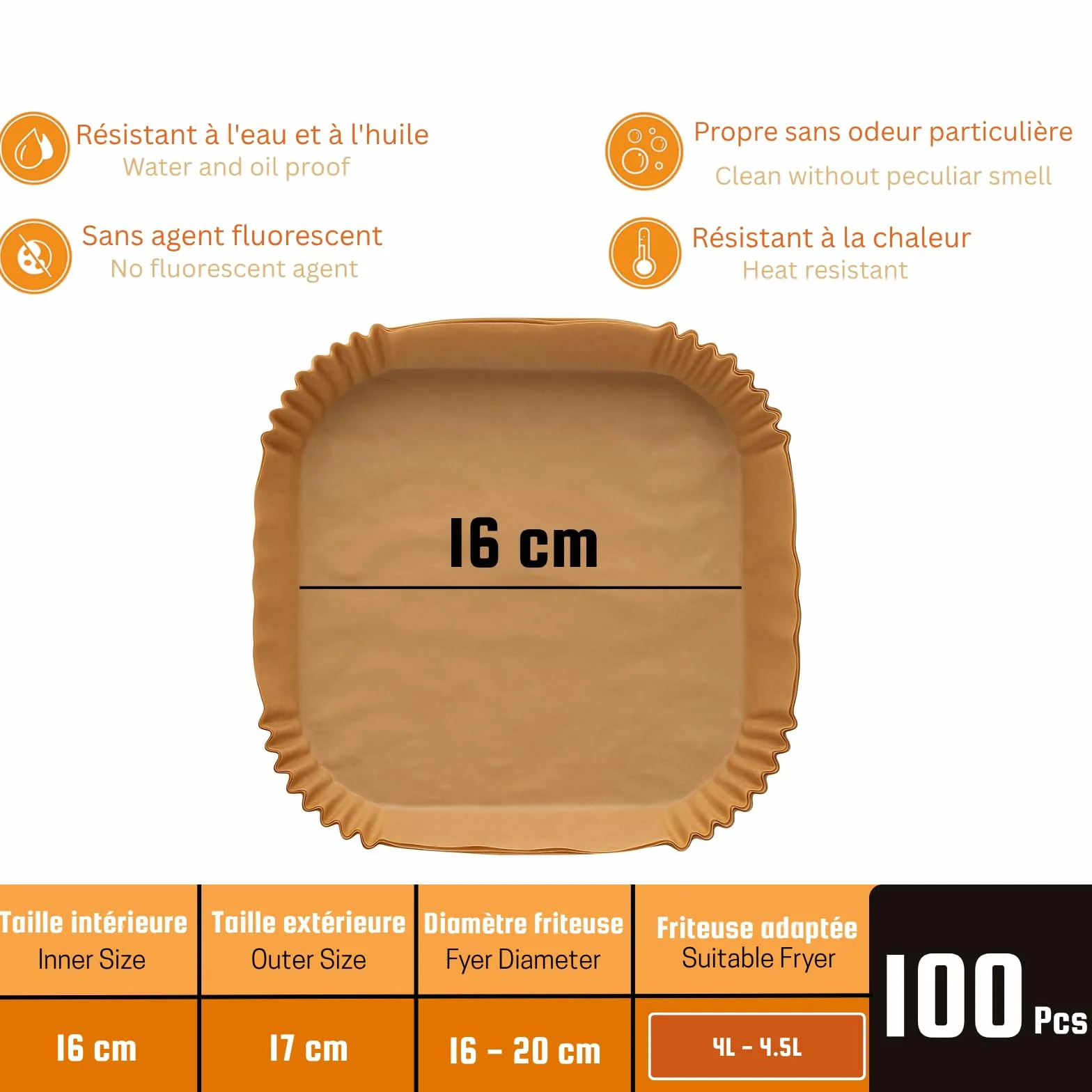 Papier Cuisson pour Air Fryer Carré Antiadhésif 16x16 cm 4-4,5 Litres
