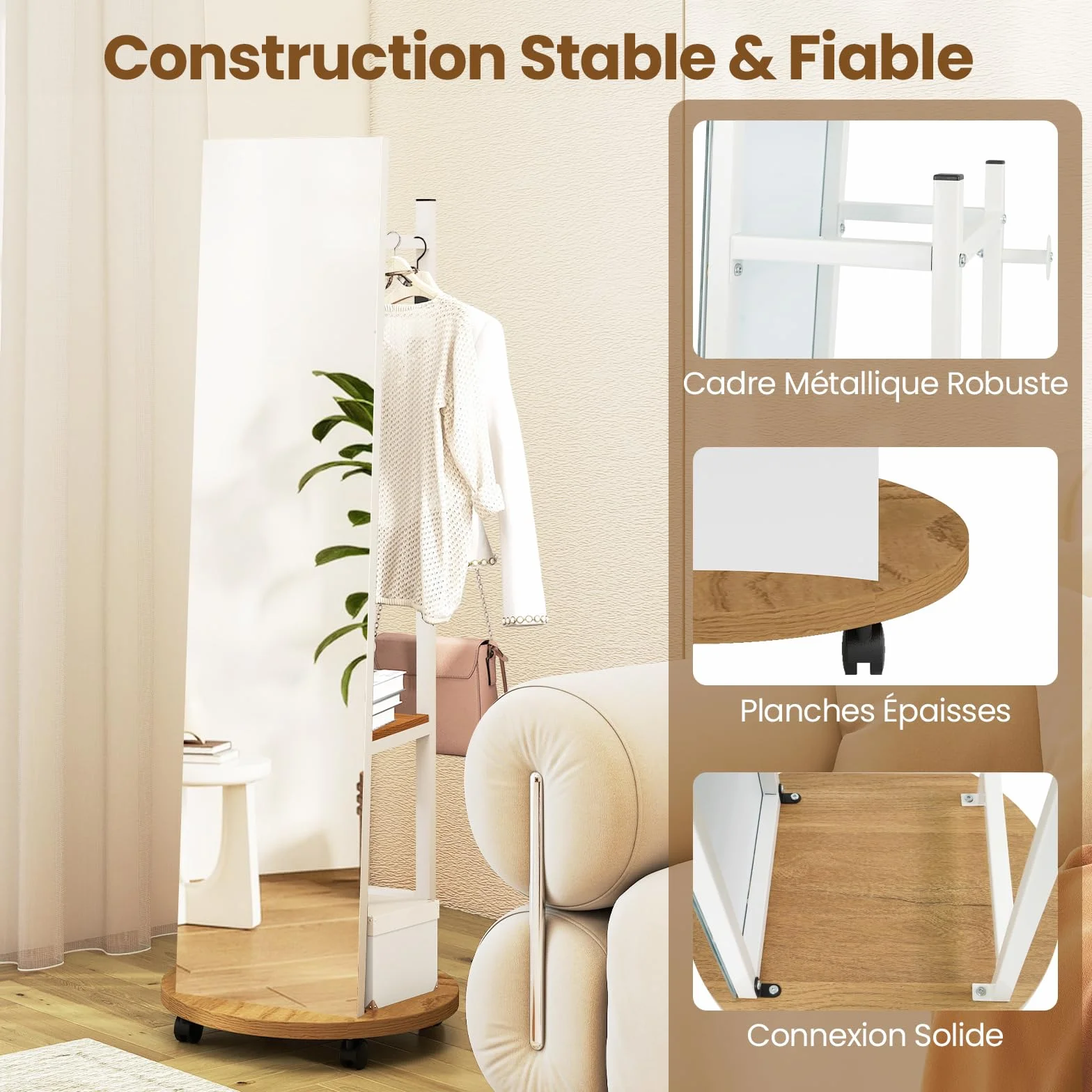 COSTWAY Miroir sur Pied Grand avec Porte-Manteau 4 Roues Pivotantes 360° 3 Crochets Cadre Métal 45 x 135 cm Blanc Naturel