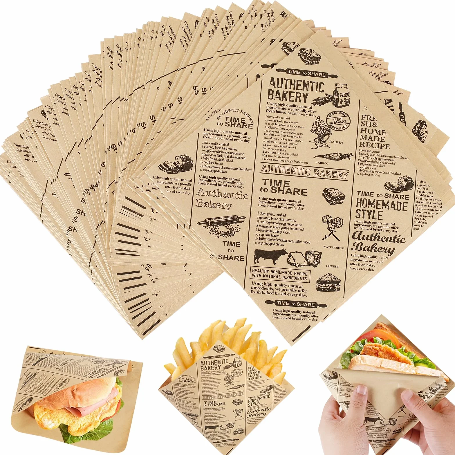 Papier Emballage Alimentaire 15 x 15 cm 150 PCS pour Sandwich Burger Frites
