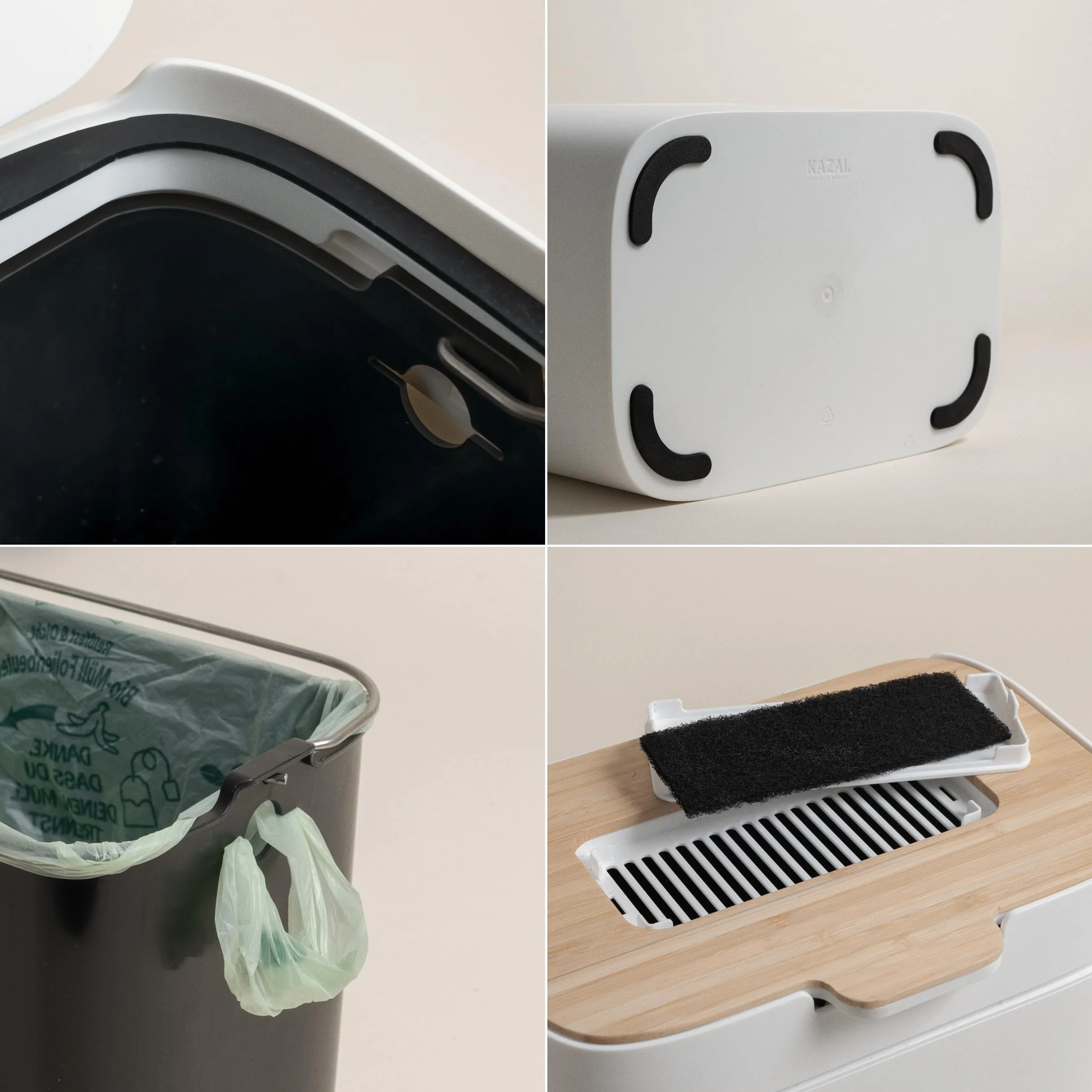 Poubelle Compost KAZAI 'Elin' 4,5L Bac à Compost Organique avec Couvercle en Bois & Filtre, Composteur de Cuisine sans Odeur, Lavable au Lave-Vaisselle, Blanc cassé/Bambou
