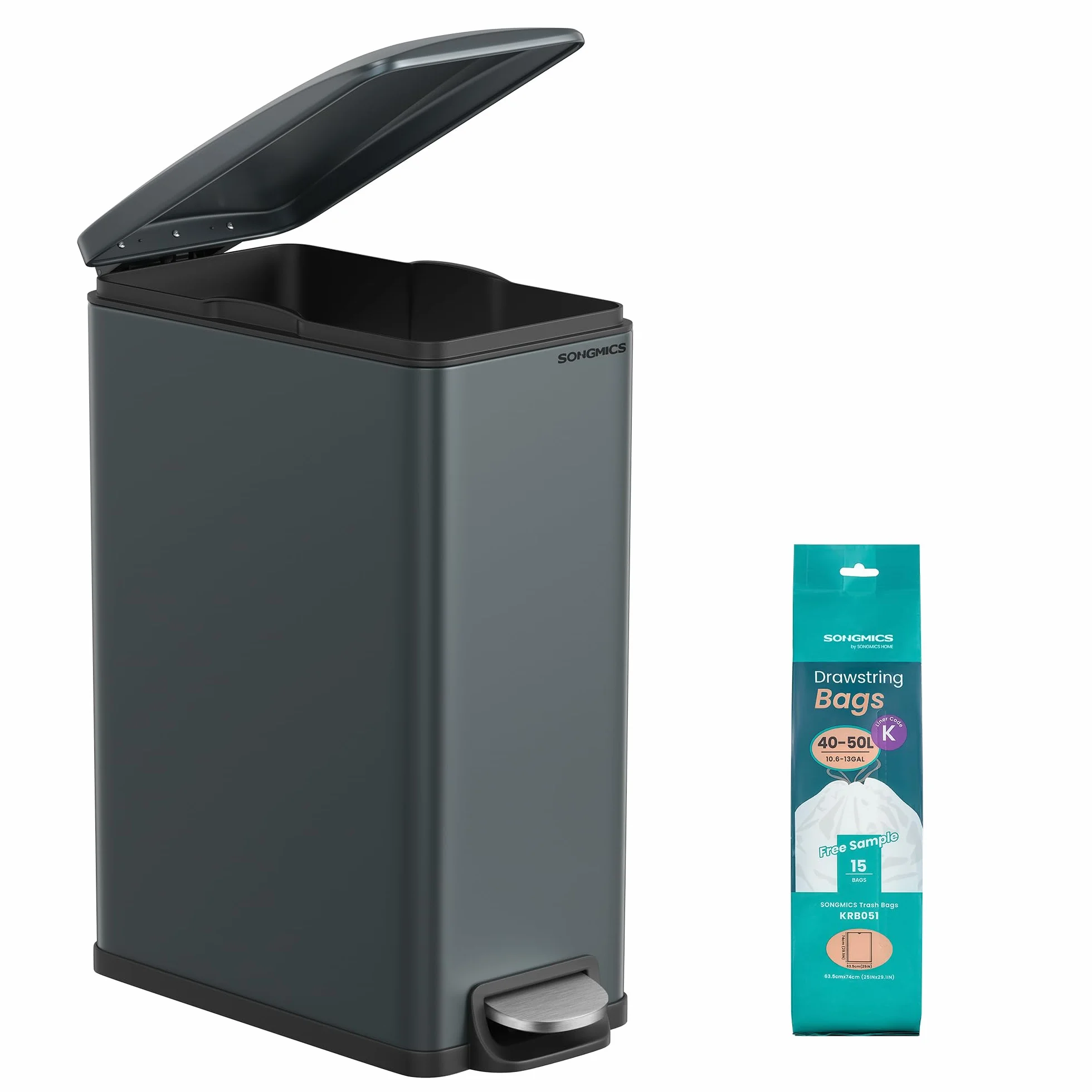 SONGMICS Poubelle de Cuisine 48L, Poubelle à Pédale, Acier, Gris Anthracite