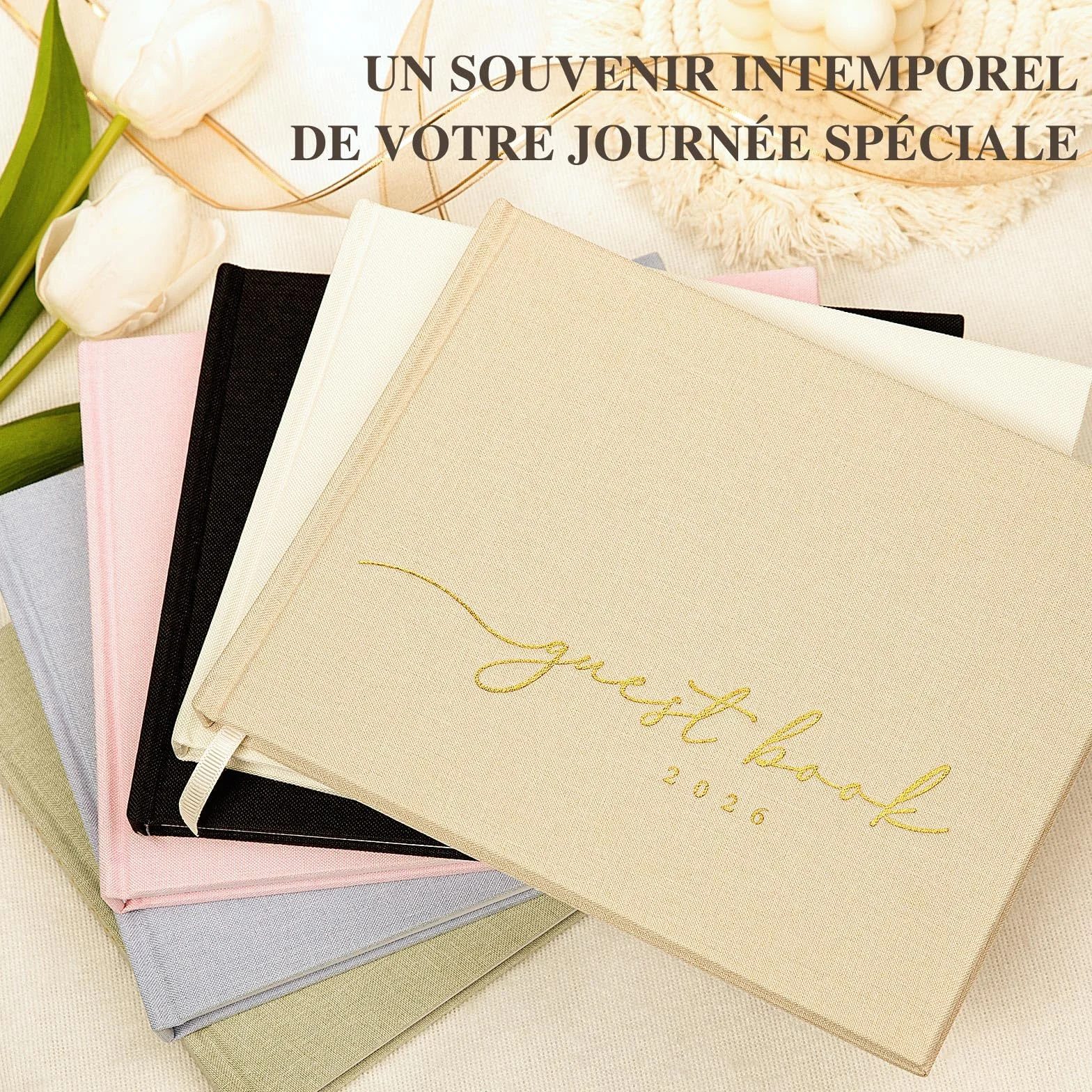 Livre d'or Mariage 2026 en Lin 108 Pages Vierges Crème