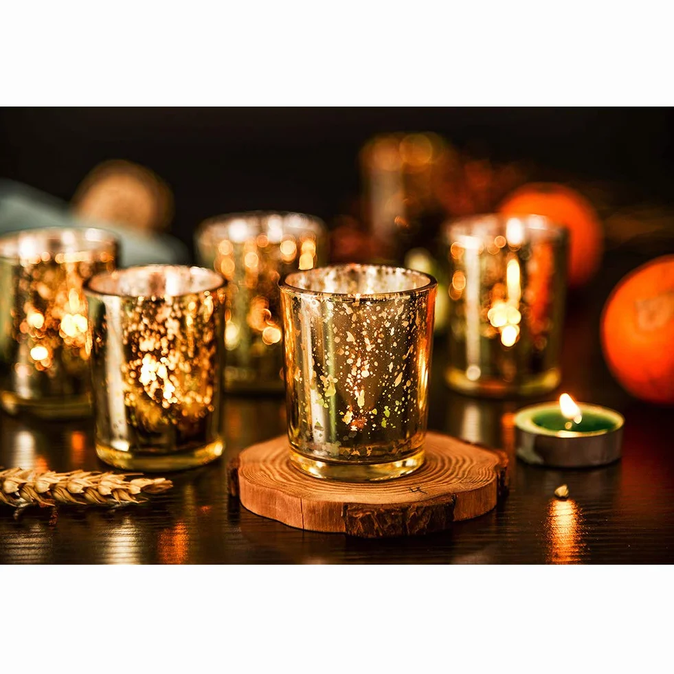 Bougeoirs Doré en Verre au Mercure, Lot de 12 Photophores pour Décoration Mariage
