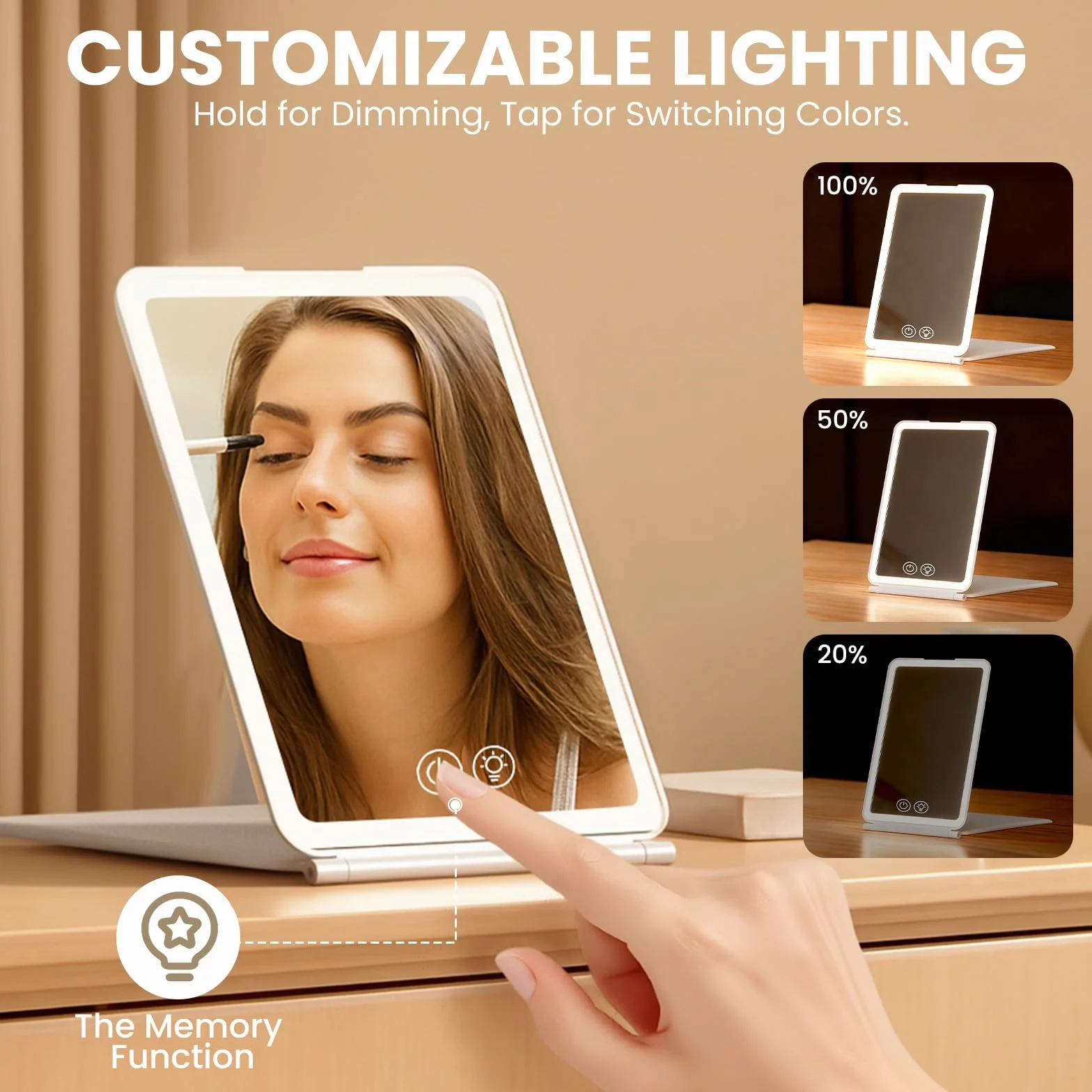 Miroir Maquillage Lumineux 72 LED 1500mAh Luminosité Ajustable 3 Modes Pliable Portable