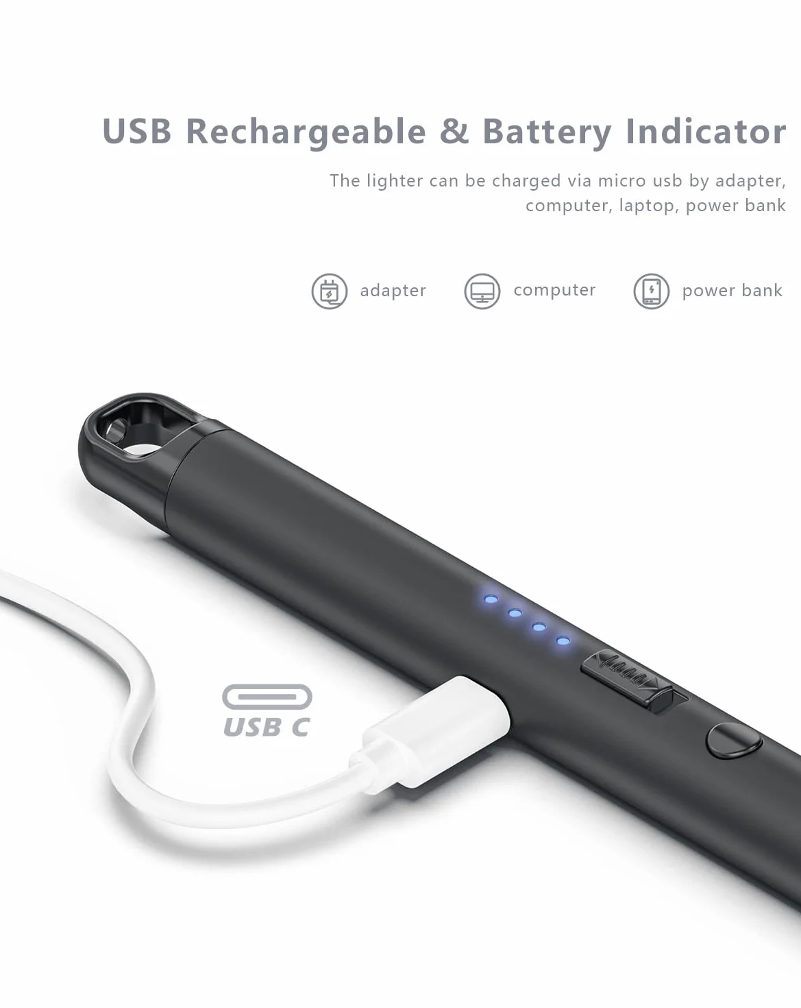 Allume Gaz Électrique Rechargeable USB-C Briquet Long