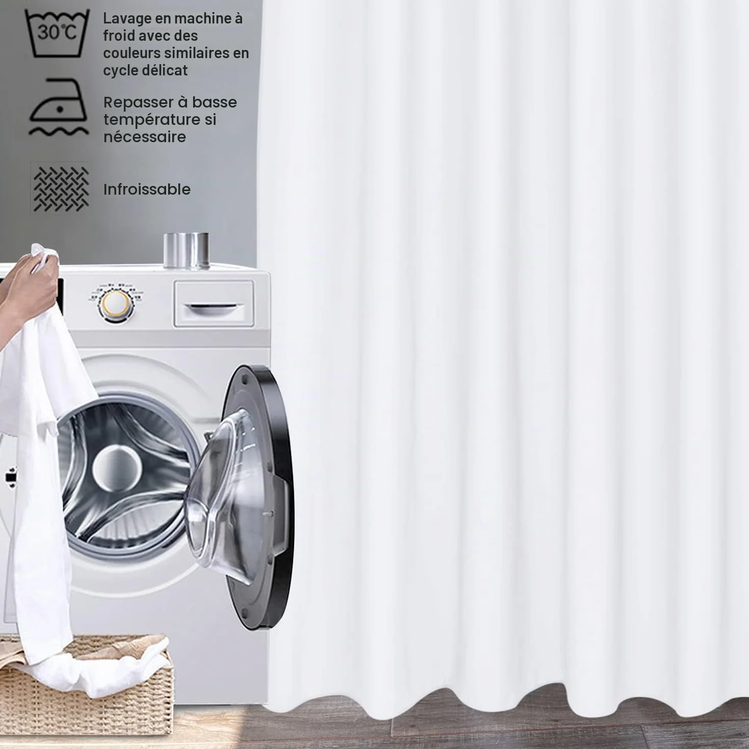 EurCross Rideau de douche 180x200 cm Blanc anti-moisissure imperméable lavable en machine