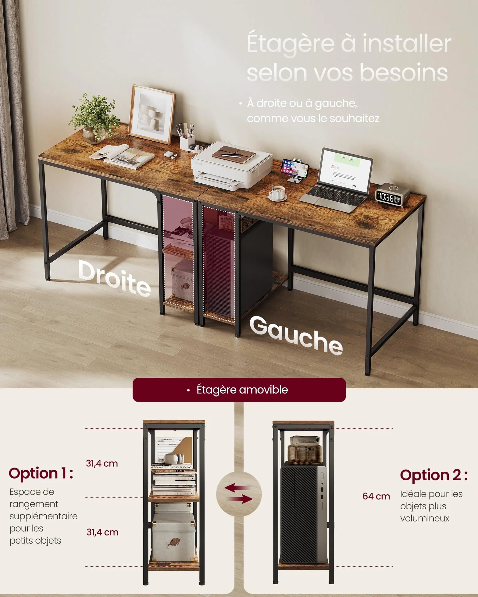 VASAGLE Bureau avec Rangement, Table d’Ordinateur avec 2 Étagères Réversibles, Cadre en Acier, Marron Rustique et Noir d'encre