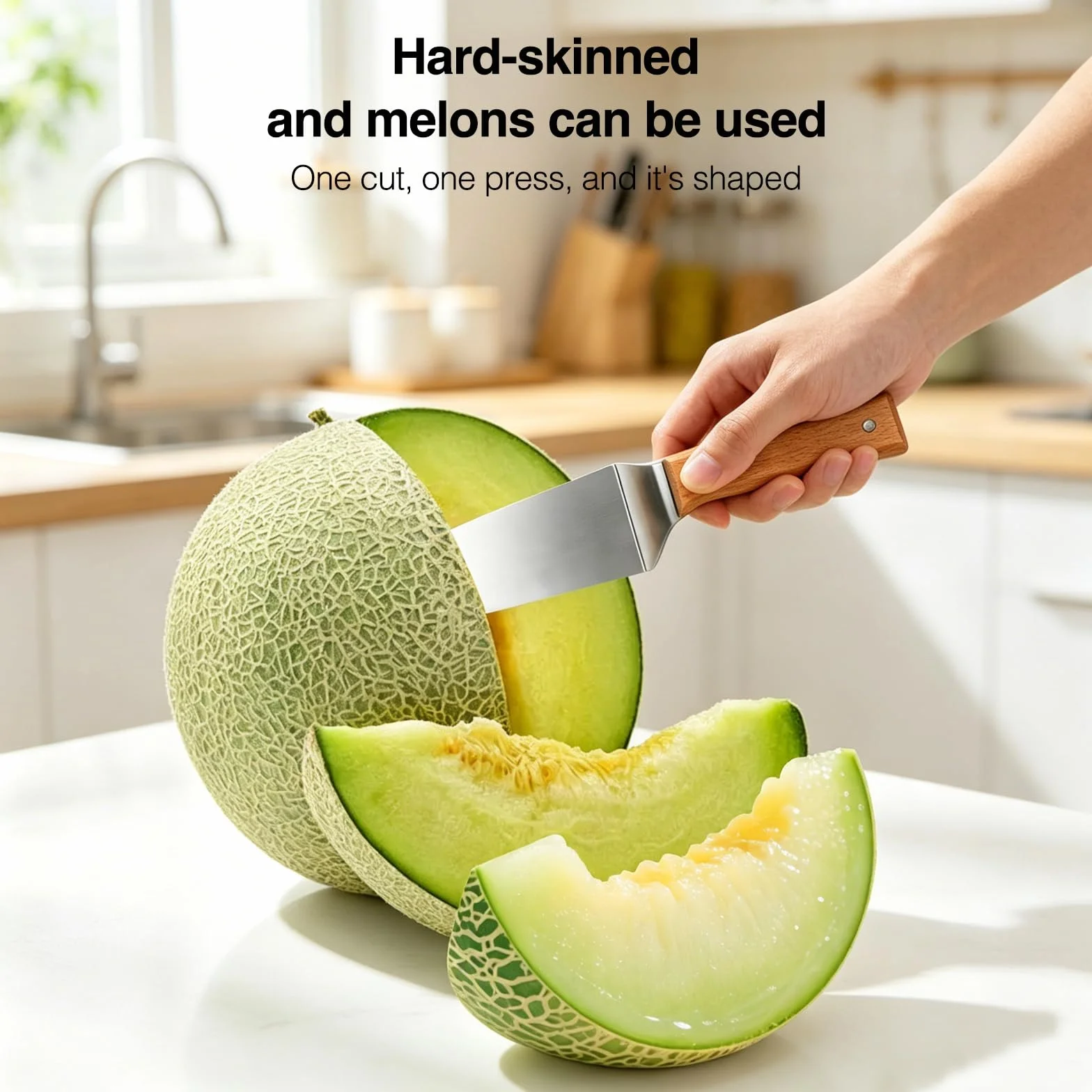 Coupe Pastèque en Acier Inoxydable avec Manche Bois, Trancheur Pastèque Triangle, Watermelon Knife