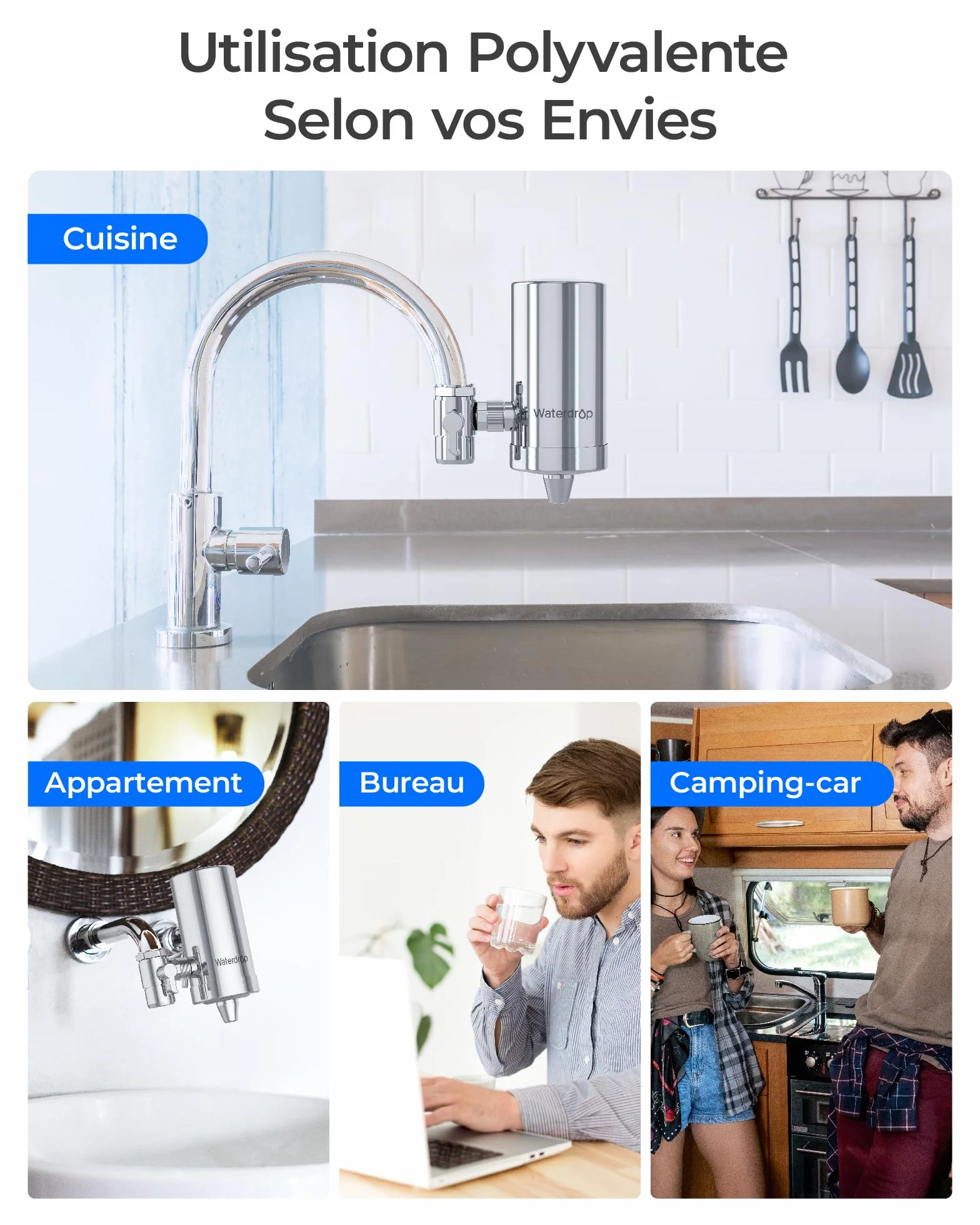 Filtre à Eau de Robinet Waterdrop WD-FC-06 Acier Inoxydable Système Filtration Bloc Carbone 4 Filtres
