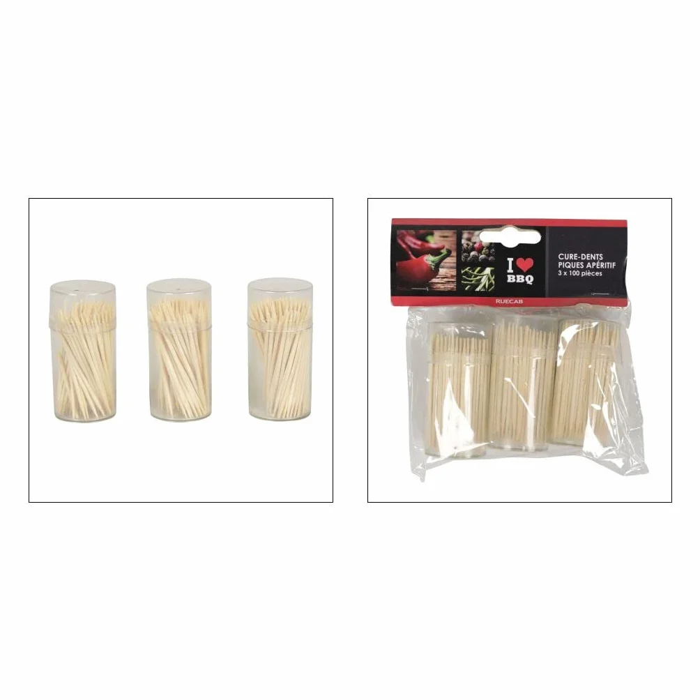 Cure-Dents en Bambou Lot de 3 Boîtes Distributrices Plastique 3 x 100 Pièces