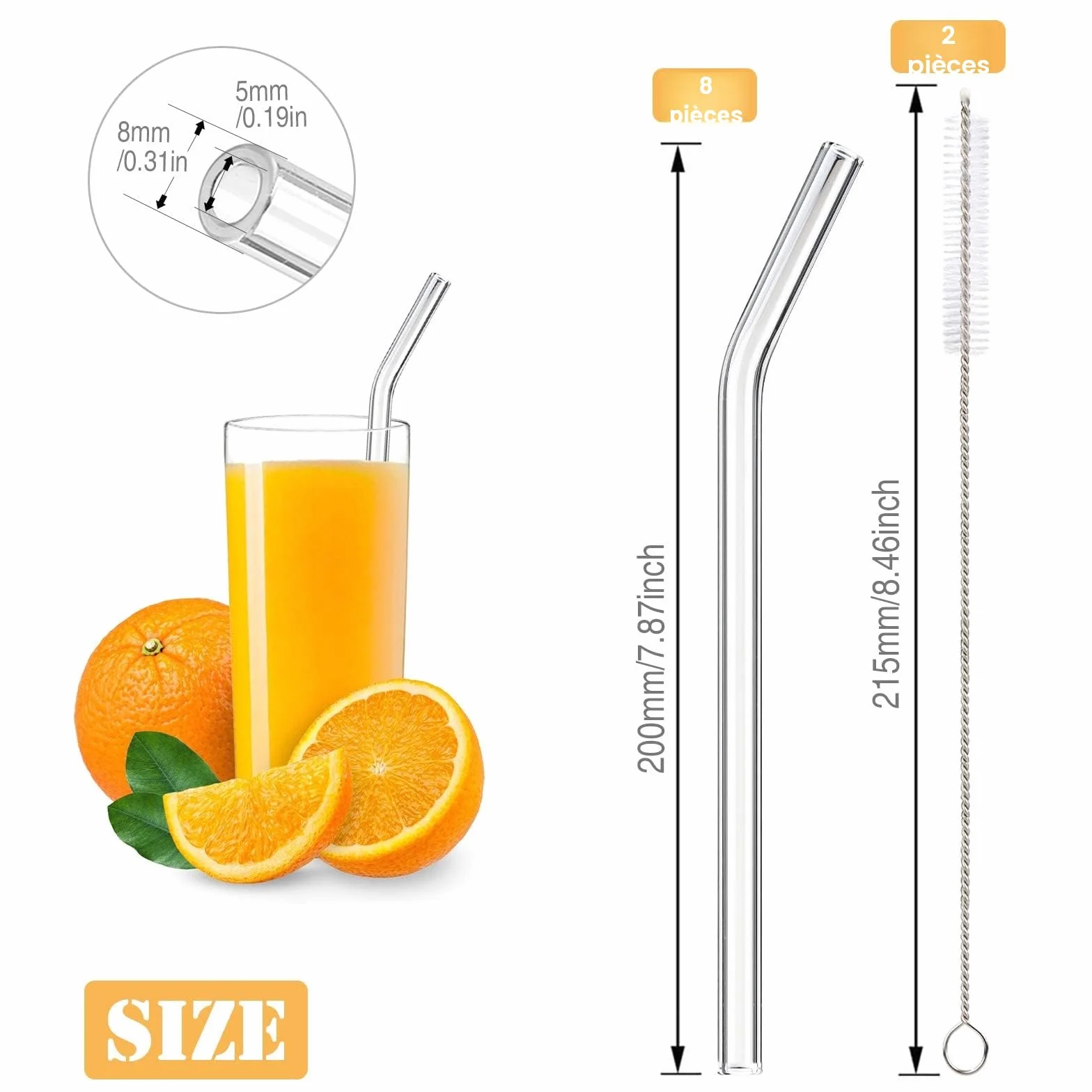 Pailles en Verre Réutilisables 20cm Transparente Courbée avec Brosses de Nettoyage
