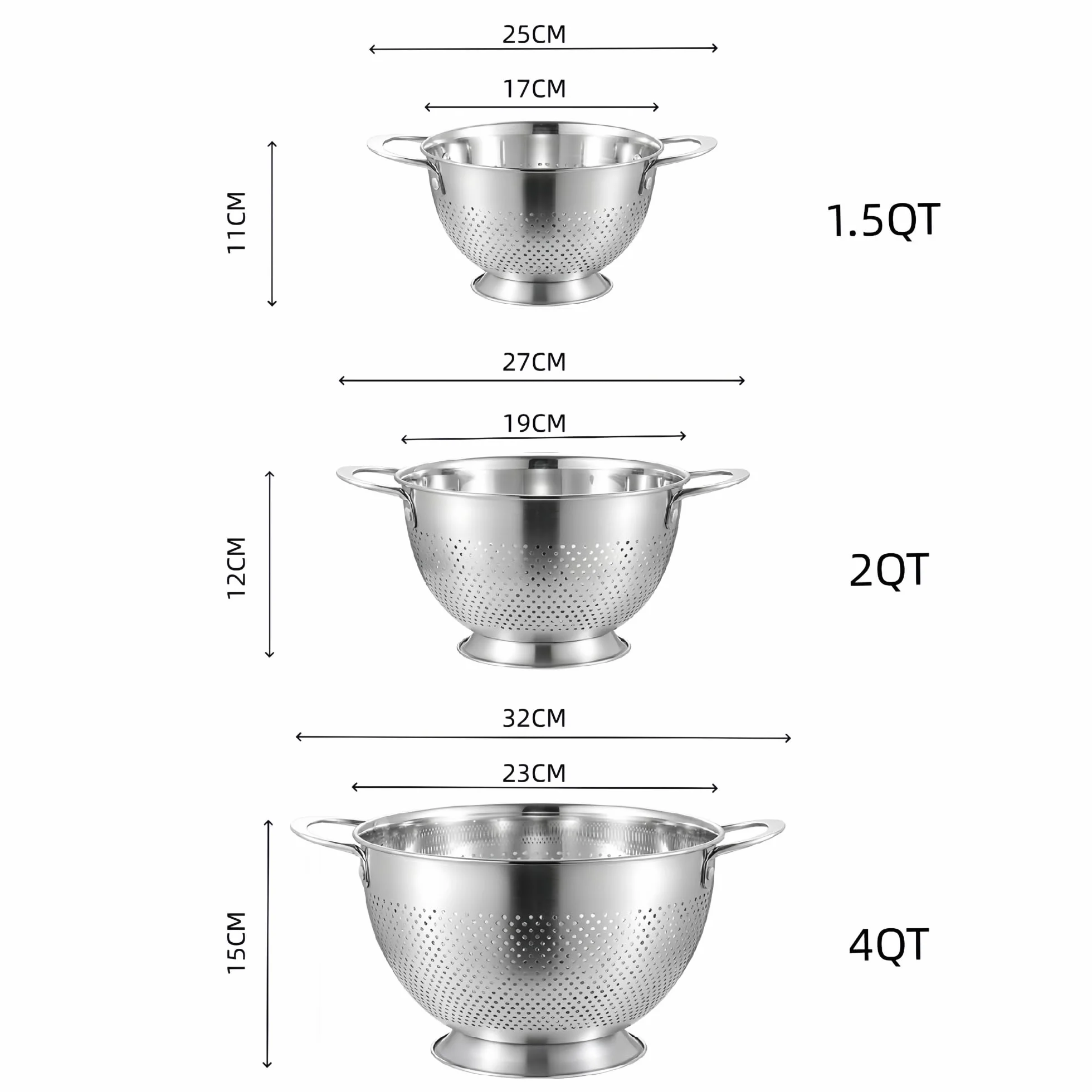 Lot de 3 passoires en acier inoxydable avec poignée 17/19/23 cm pour pâtes et légumes