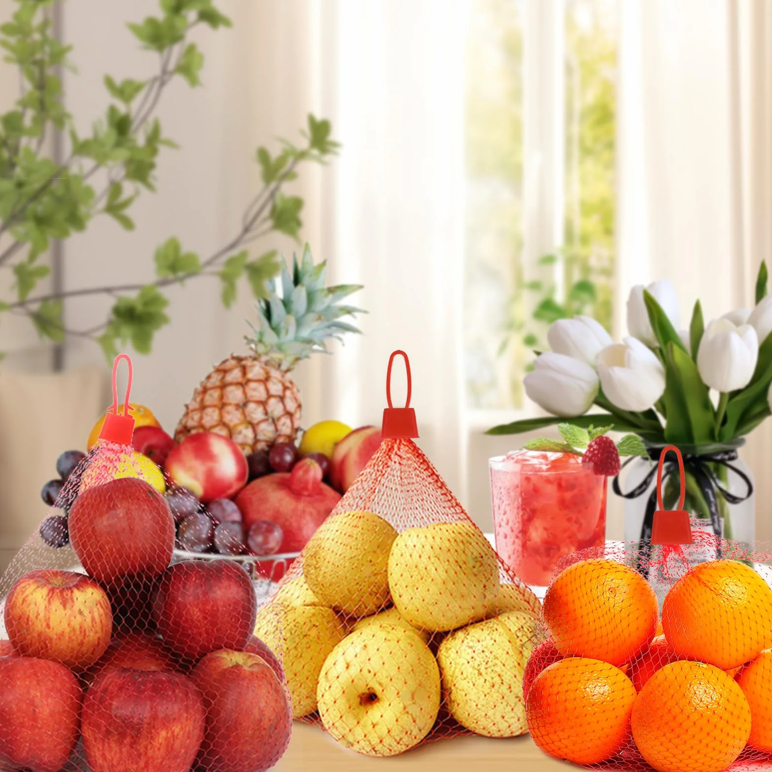 Sac Filet Réutilisable pour Légumes Noix Fruits Œufs avec Boucle Rouge
