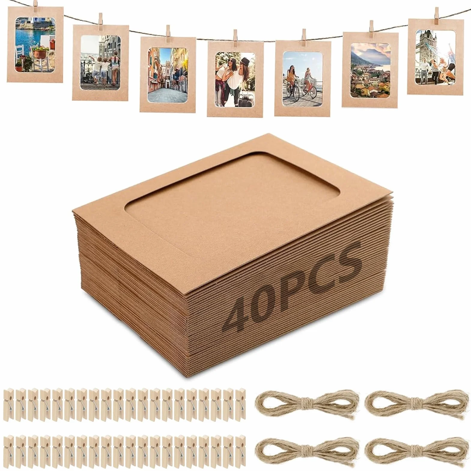 Cadres Photo en Papier 10x15 cm, Guirlande Photo 40 Pinces Bois + 4 Cordon Jute, Lignes à Photos DIY Anniversaire Mariage